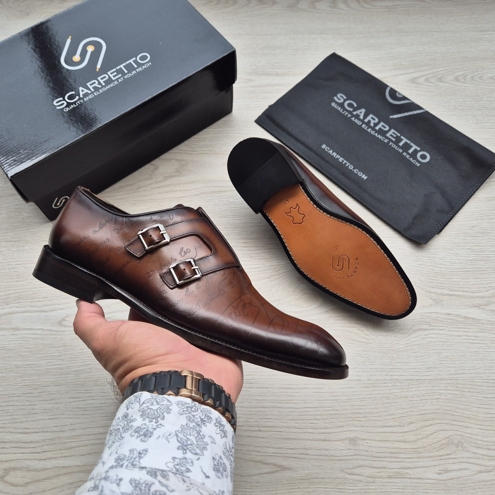 Alessandro Scritto Cognac Hand-Painted Double Monk Strap three-quarter view