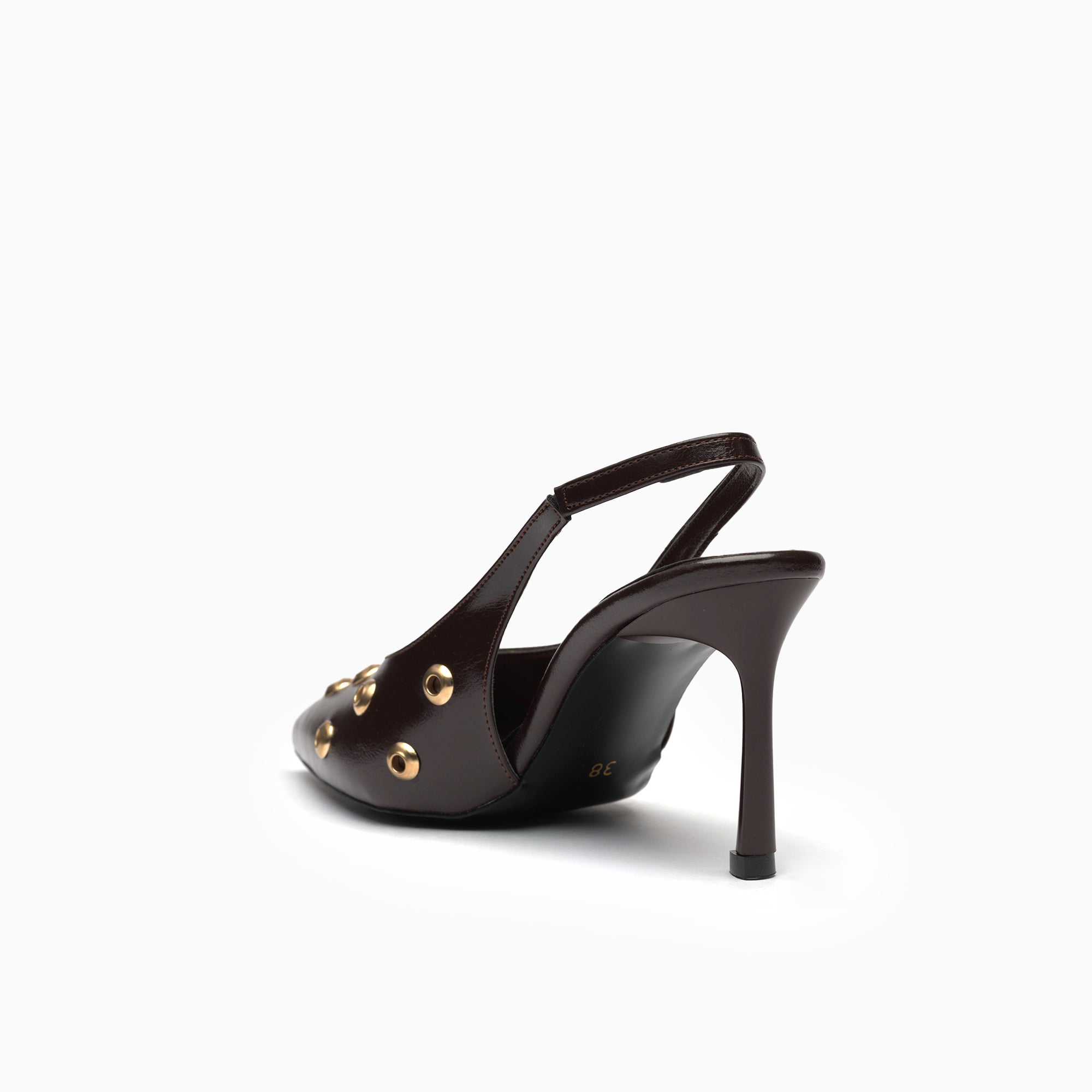 Aurelia Espresso Brown Grommet-Studded Pointed Slingback Pump — heel detail | Scarpetto