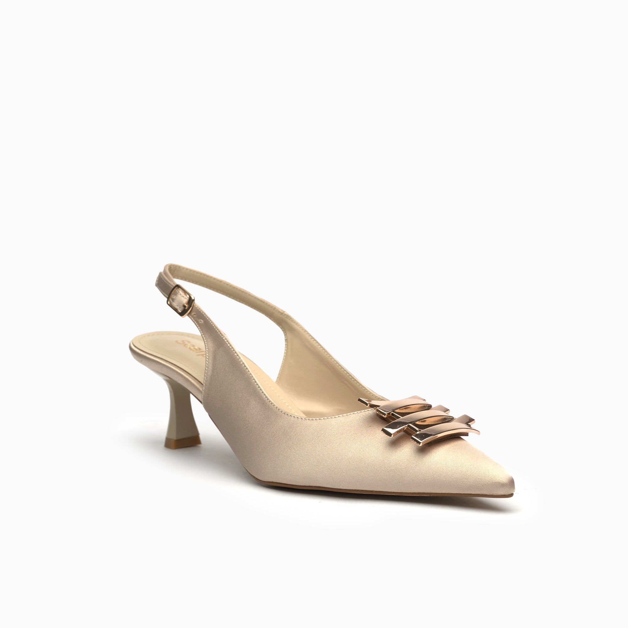 Catena Champagne Satin Satin Slingback Pump With Gold Chain Detail — three-quarter view | Scarpetto