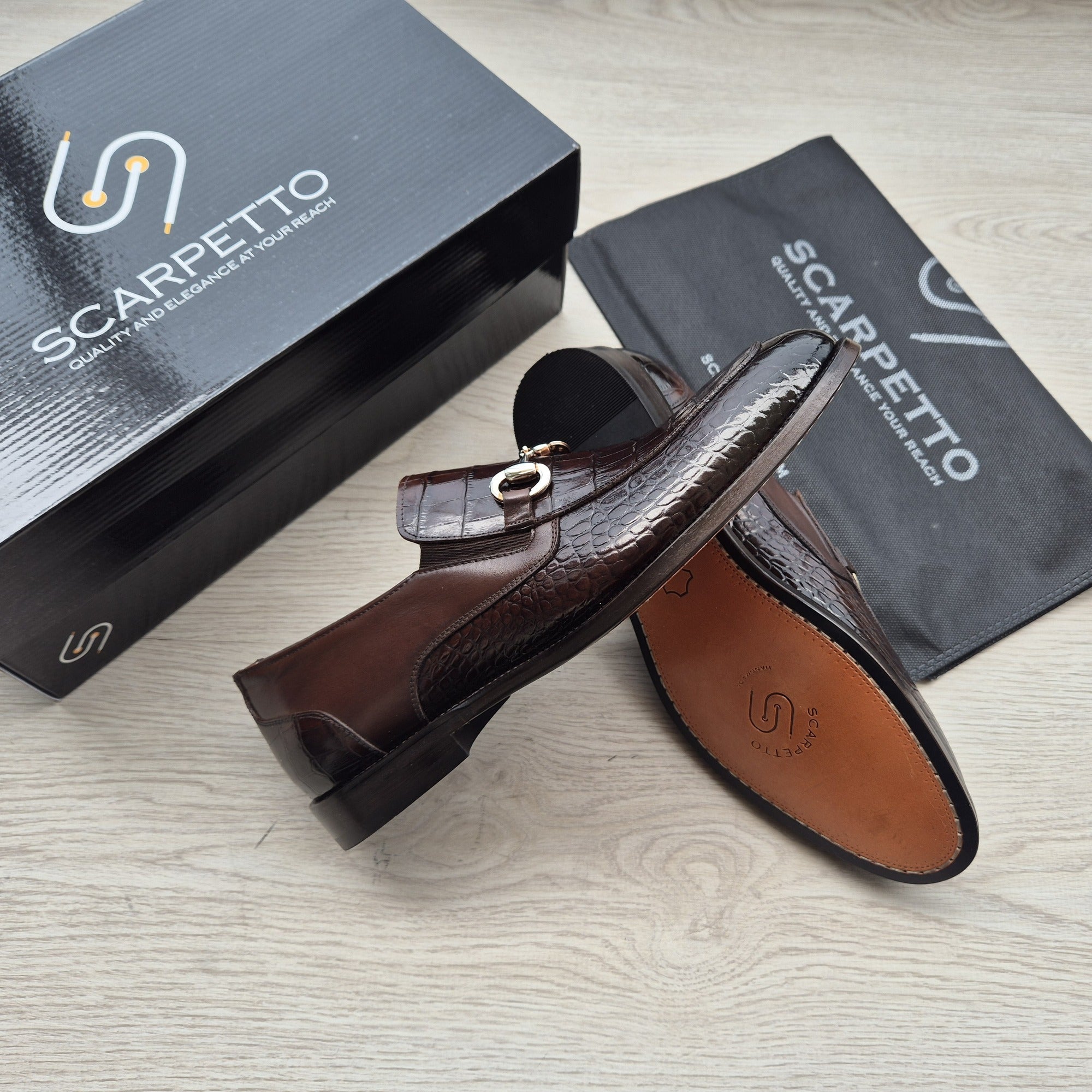 Cosimo Croco Espresso Brown Horsebit Loafer - three-quarter view