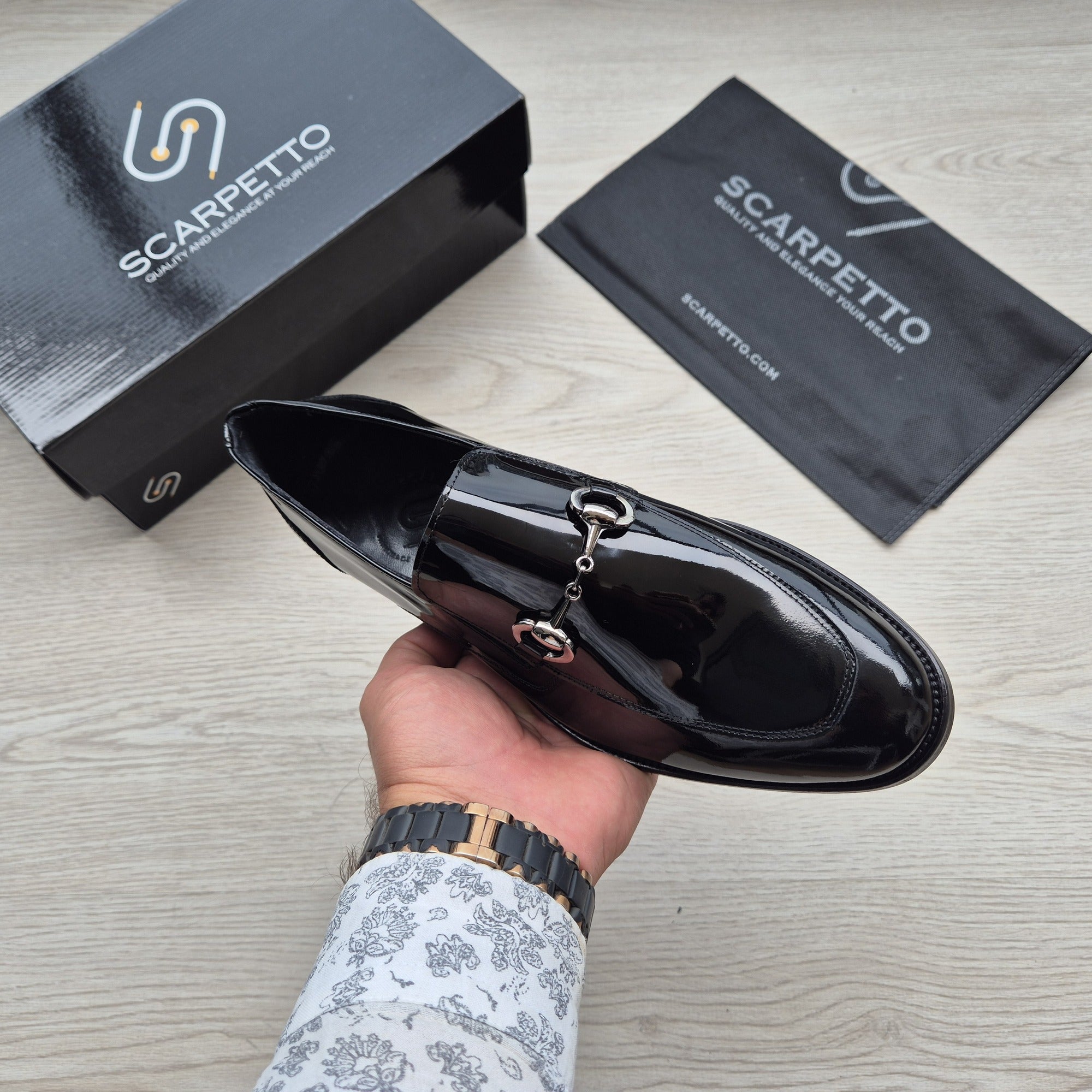 Dante Croco Jet Black Patent Horsebit Loafer - sole detail