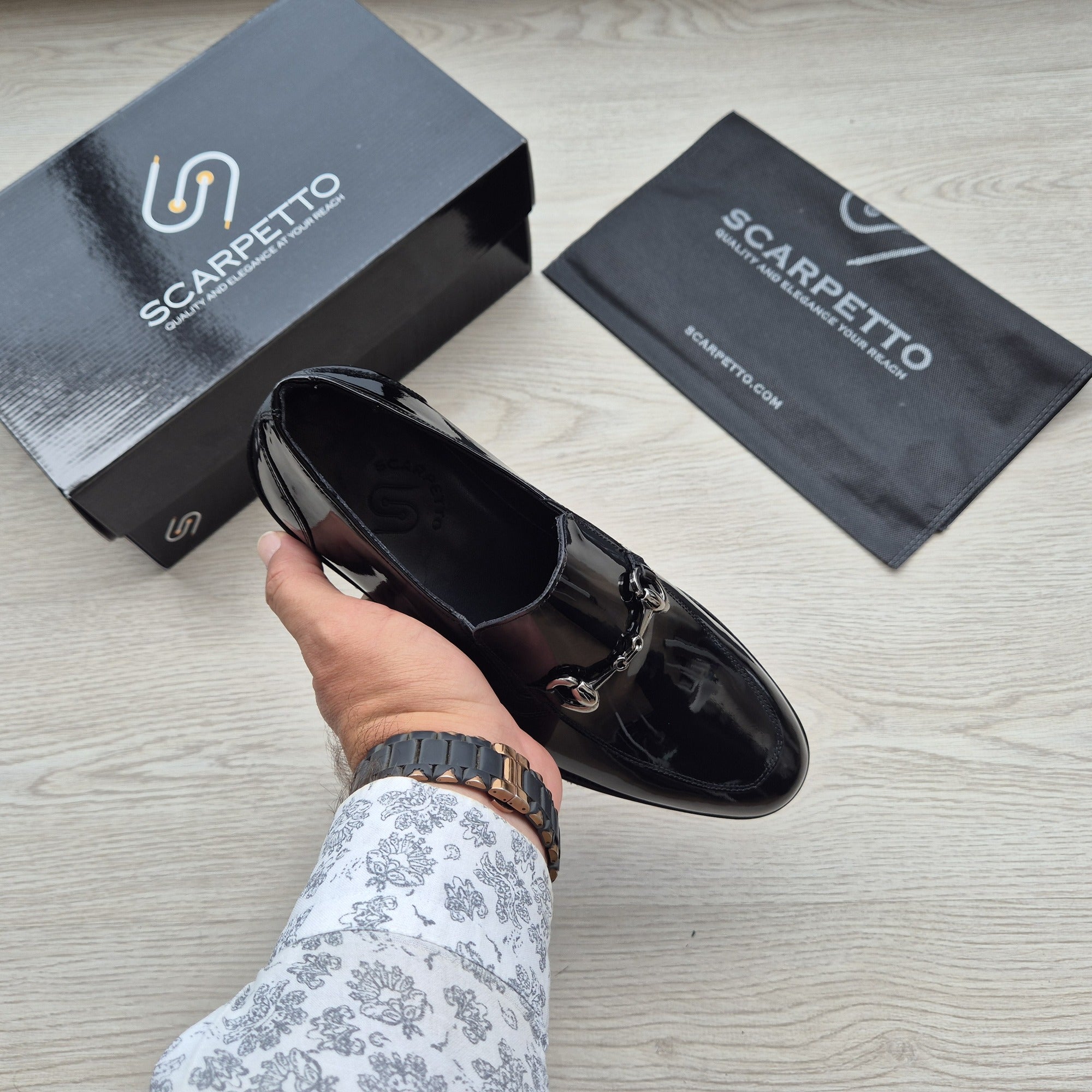 Dante Croco Jet Black Patent Horsebit Loafer - top view