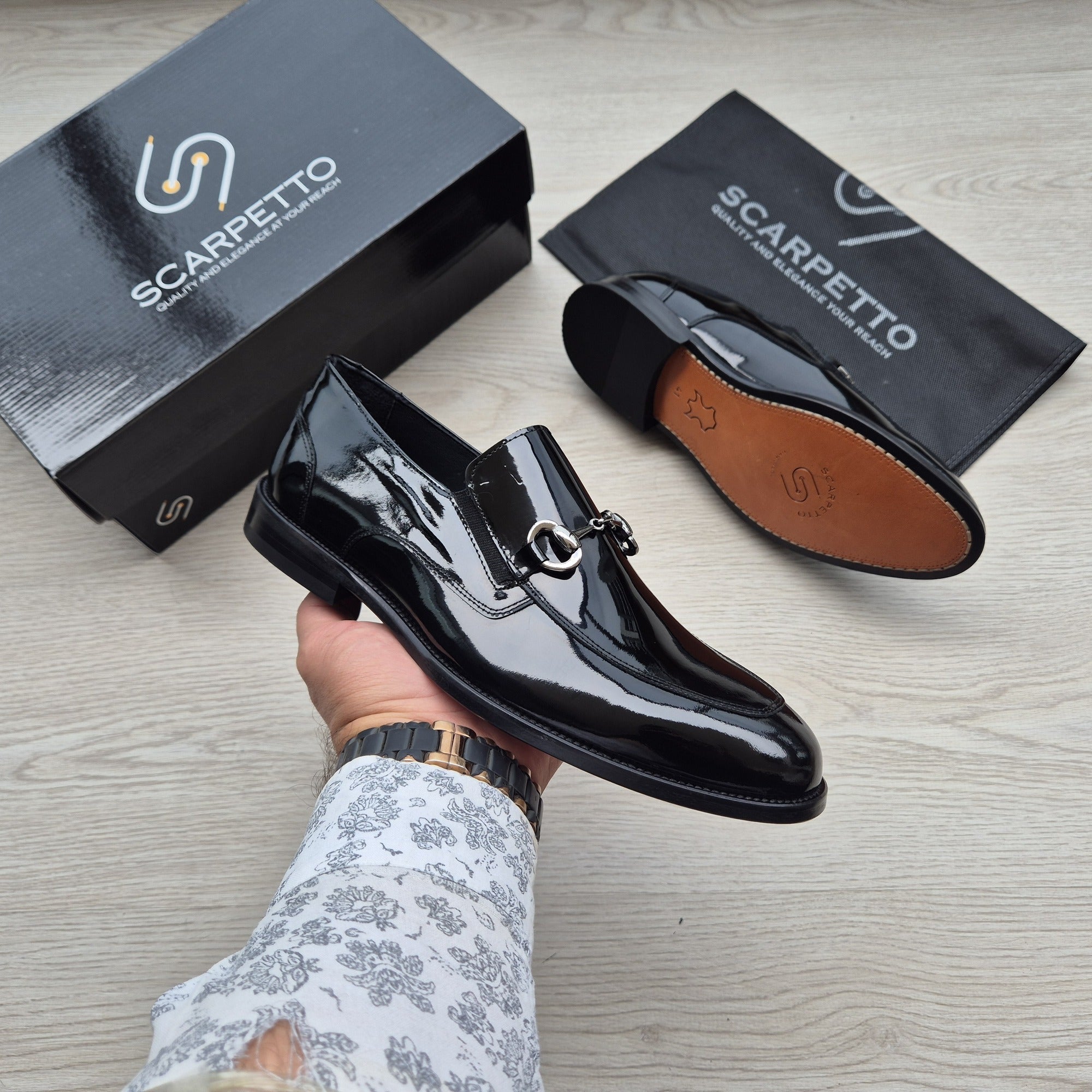 Dante Croco Jet Black Patent Horsebit Loafer - three-quarter view
