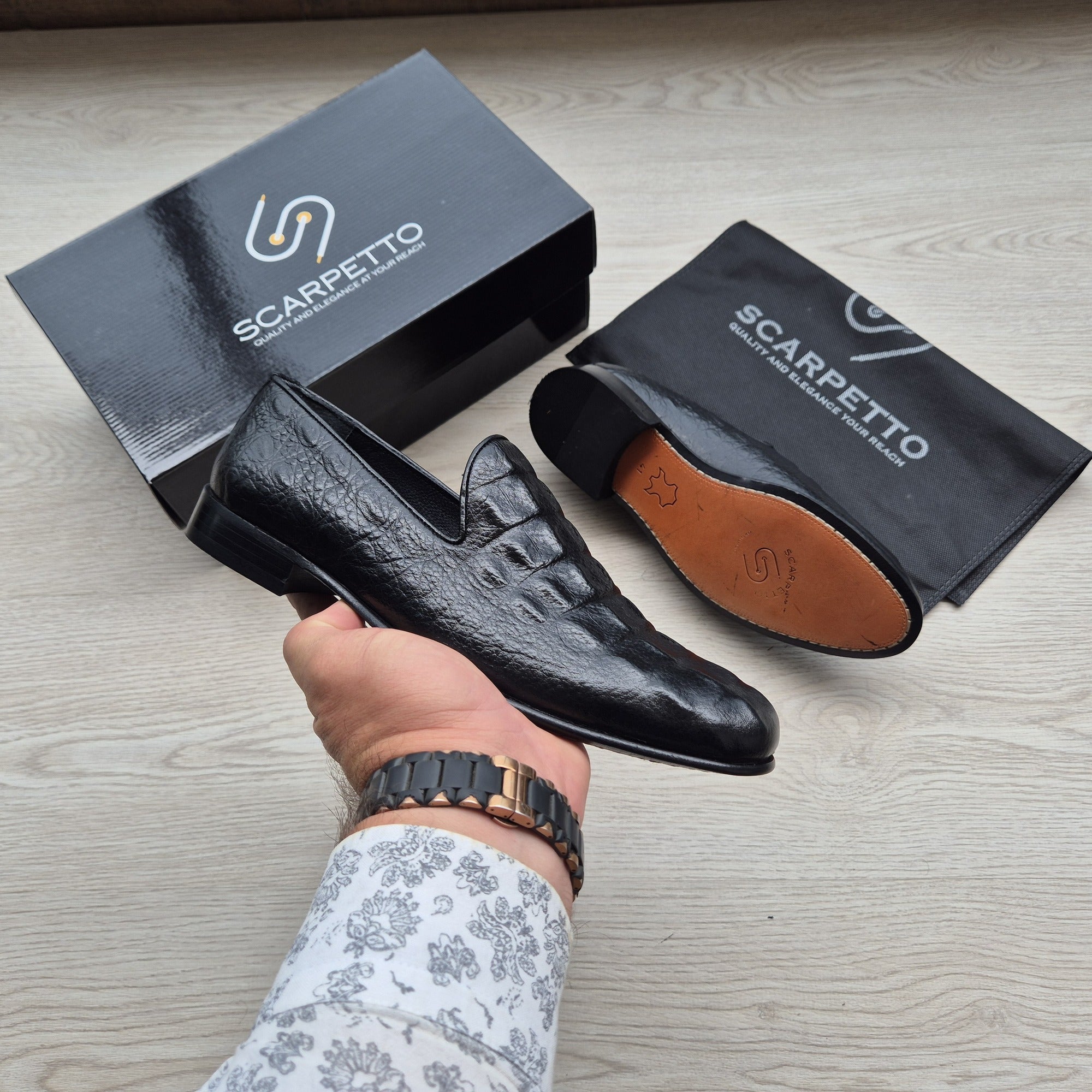 Emiliano Croco Jet Black Venetian Loafer - top view