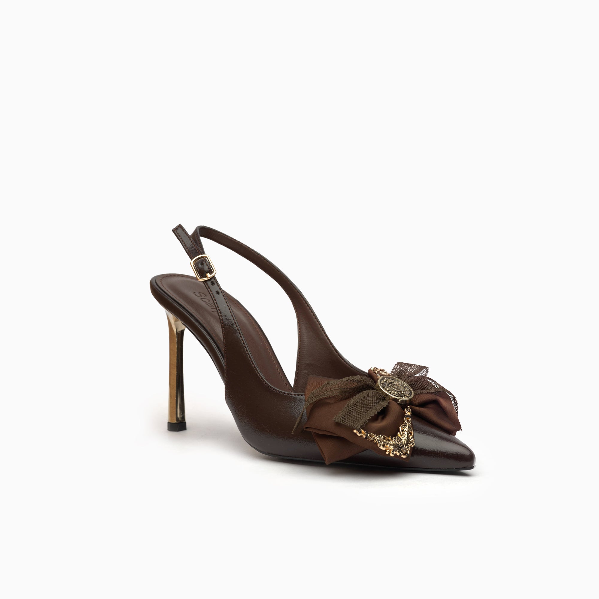 Fiocco Espresso Brown Crystal Bow Slingback Pump With Gold Blade Heel — three-quarter view | Scarpetto
