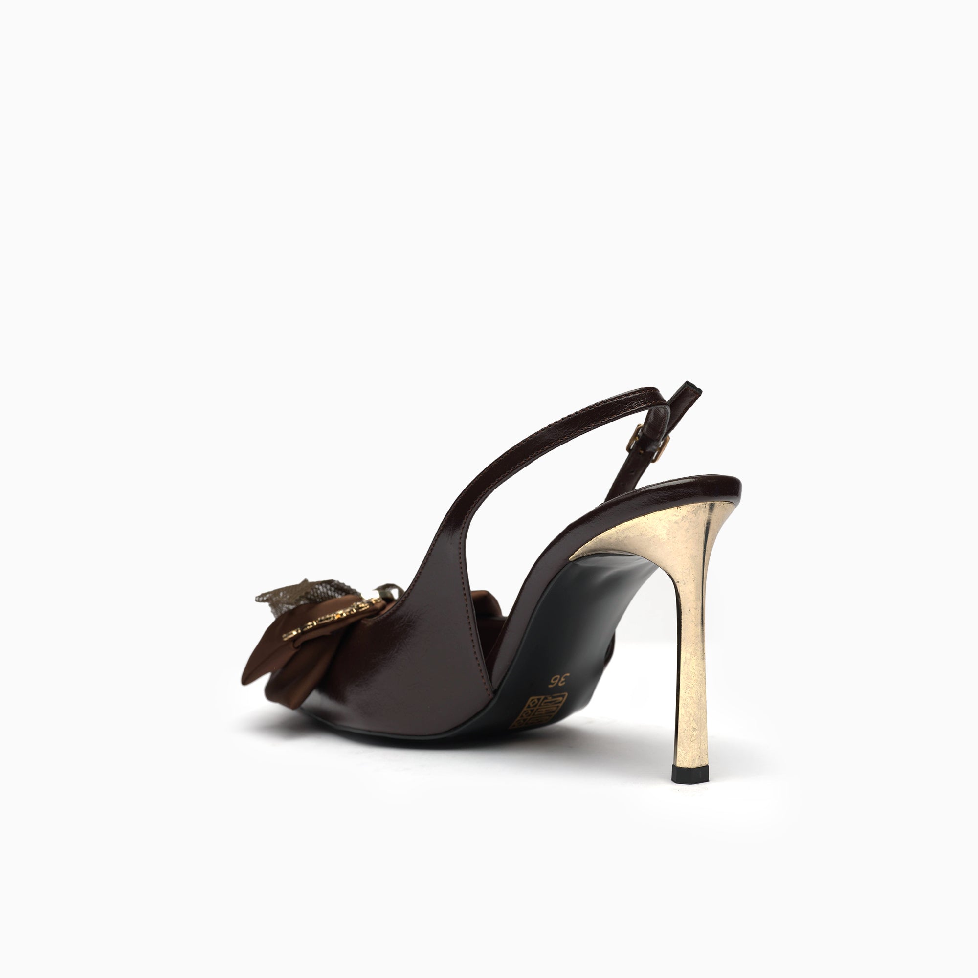 Fiocco Espresso Brown Crystal Bow Slingback Pump With Gold Blade Heel — heel detail | Scarpetto