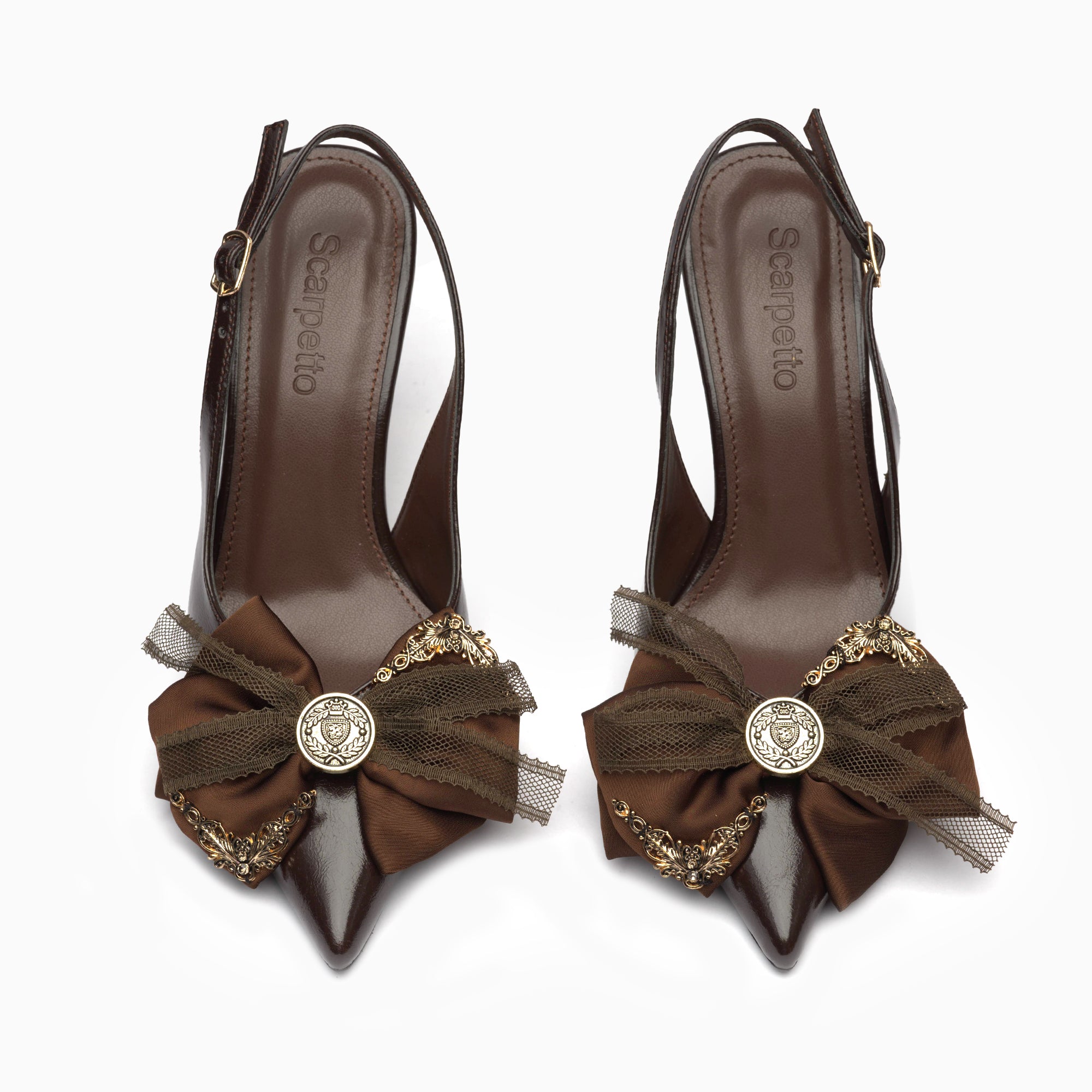 Fiocco Espresso Brown Crystal Bow Slingback Pump With Gold Blade Heel — top view | Scarpetto