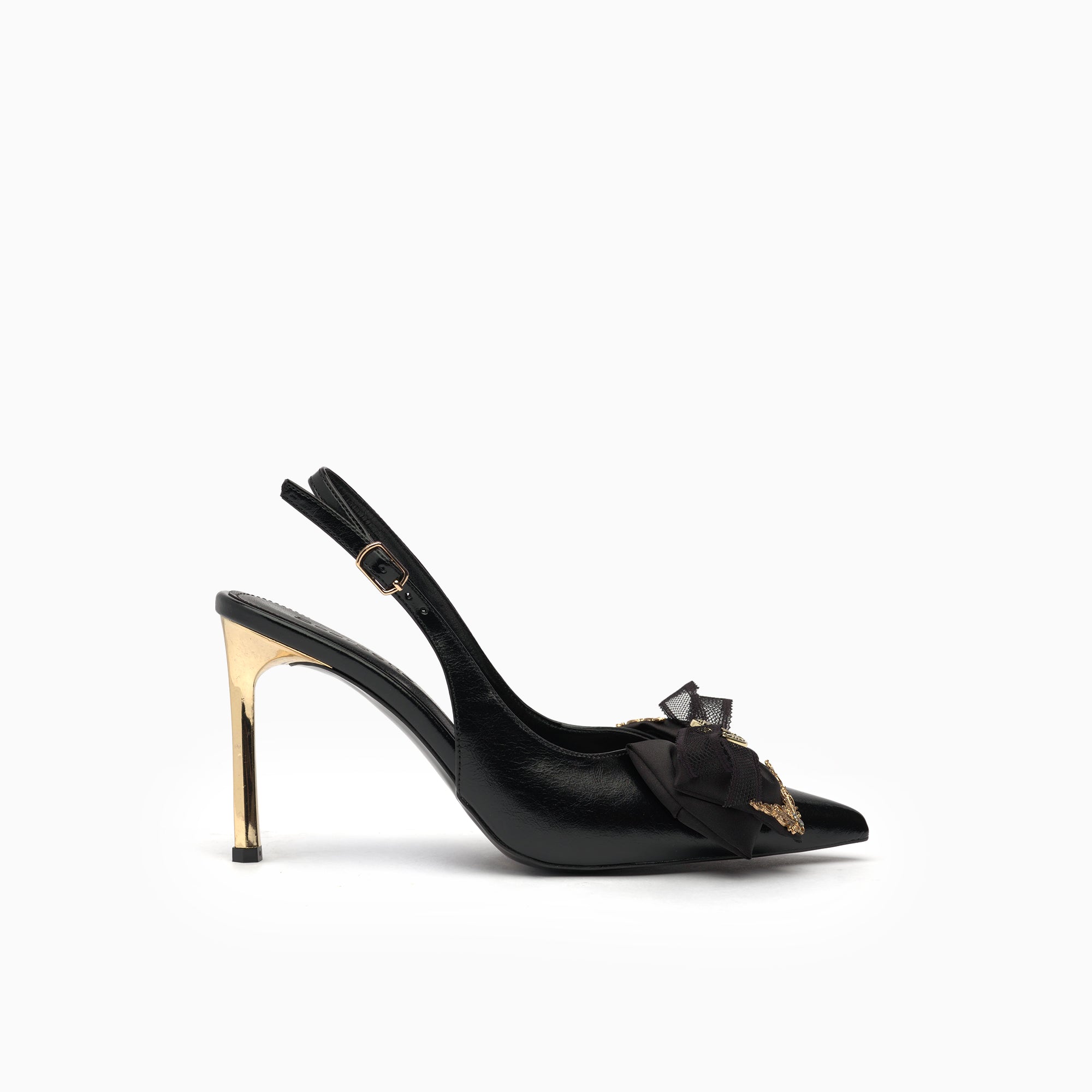 Fiocco Jet Black Crystal Bow Slingback Pump With Gold Blade Heel — side view | Scarpetto
