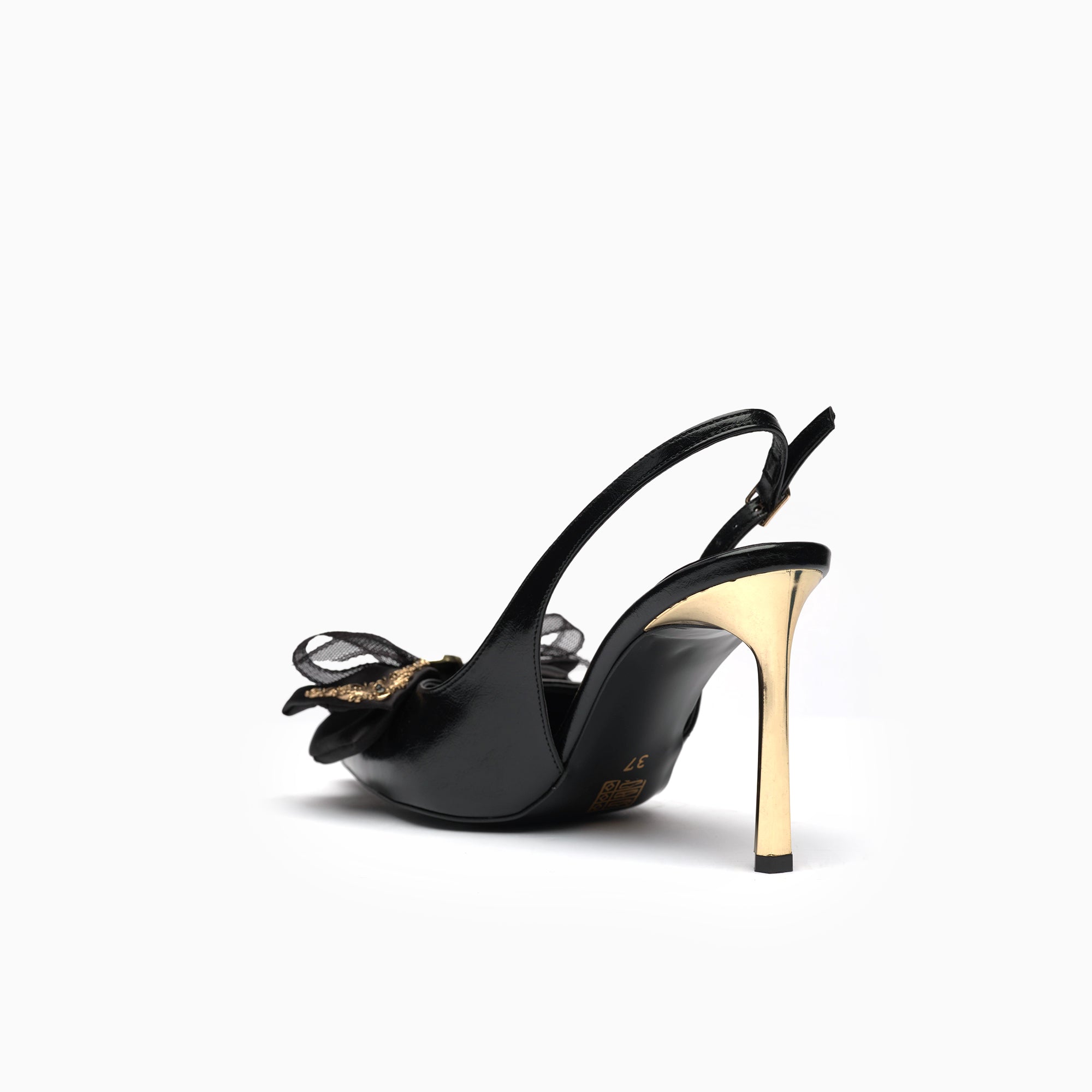 Fiocco Jet Black Crystal Bow Slingback Pump With Gold Blade Heel — heel detail | Scarpetto