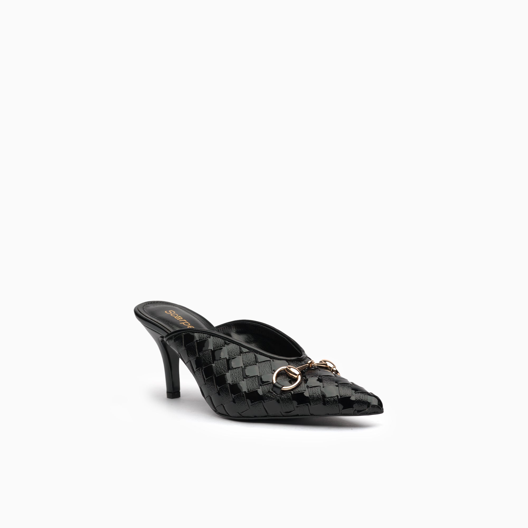 Fiorenza Jet Black Woven Horsebit Mule — three-quarter view | Scarpetto