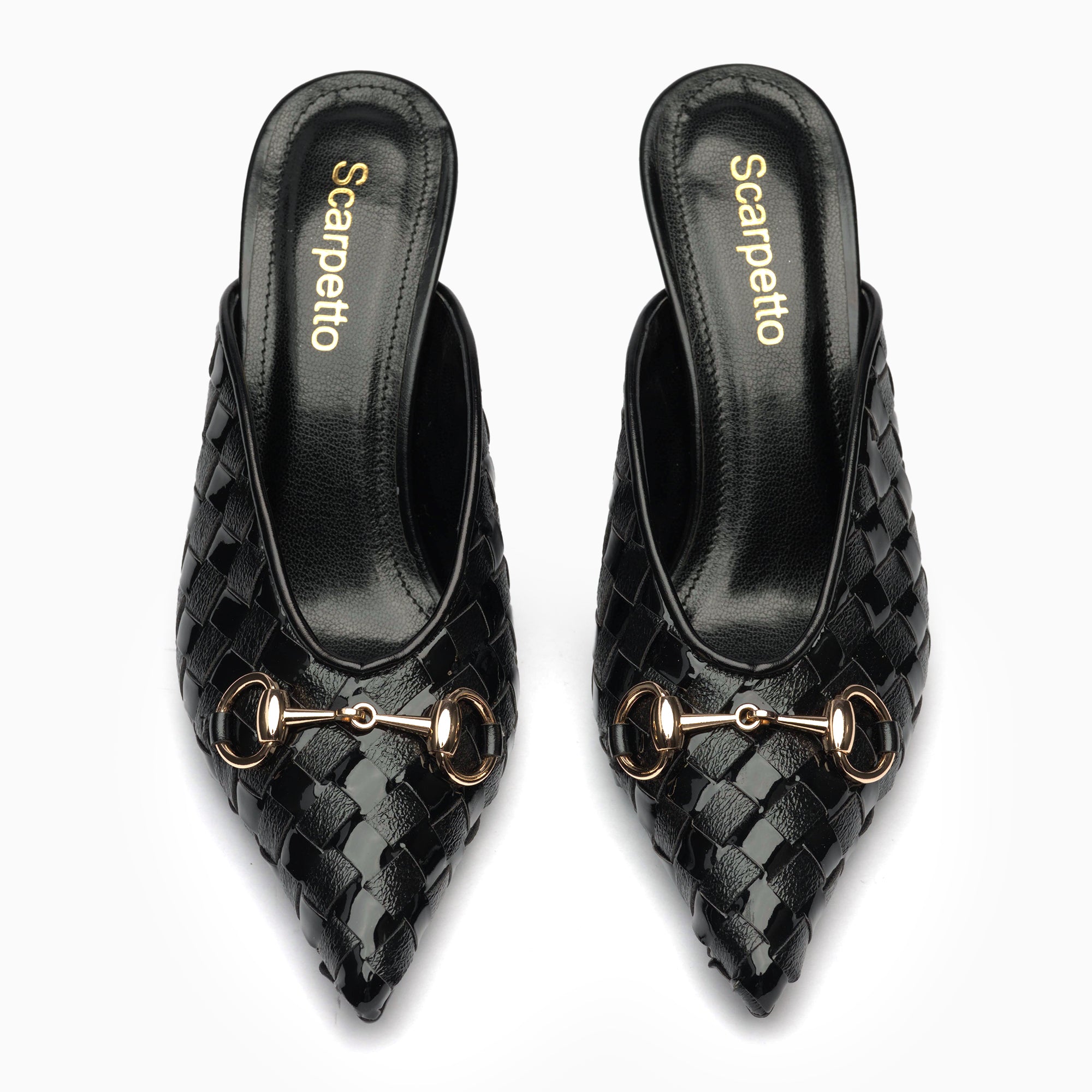 Fiorenza Jet Black Woven Horsebit Mule — top view | Scarpetto