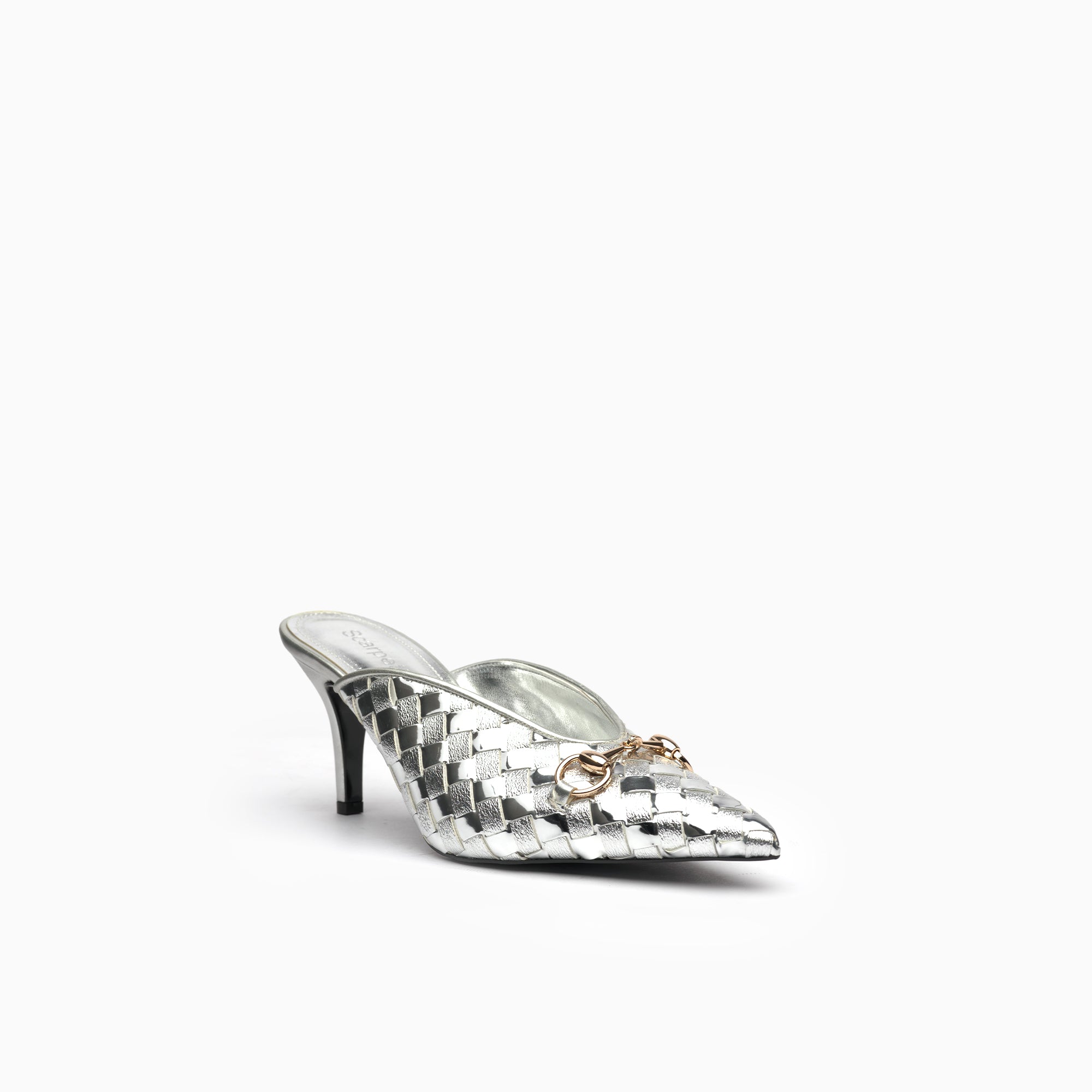Fiorenza Silver Woven Horsebit Mule — three-quarter view | Scarpetto