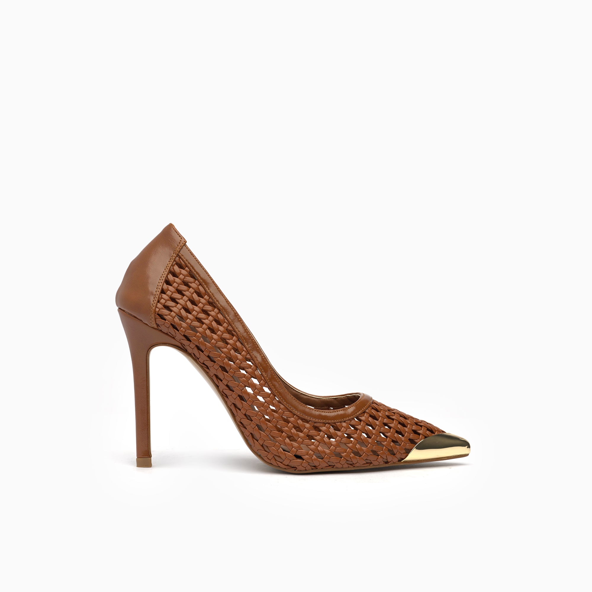 Intreccio Cognac Tan Woven Leather Stiletto Pump With Gold Toe Cap — side view | Scarpetto