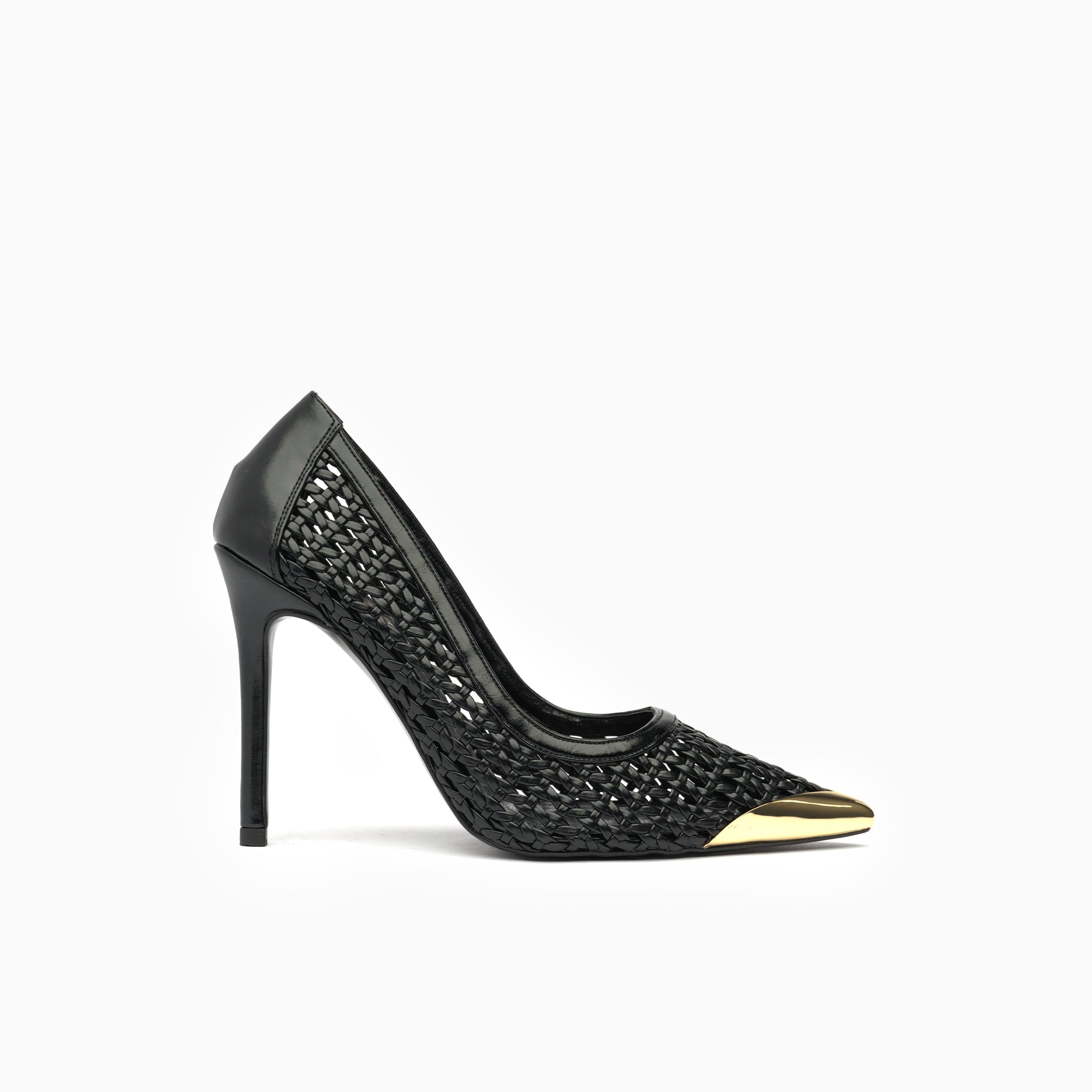 Intreccio Jet Black Woven Leather Stiletto Pump With Gold Toe Cap — side view | Scarpetto