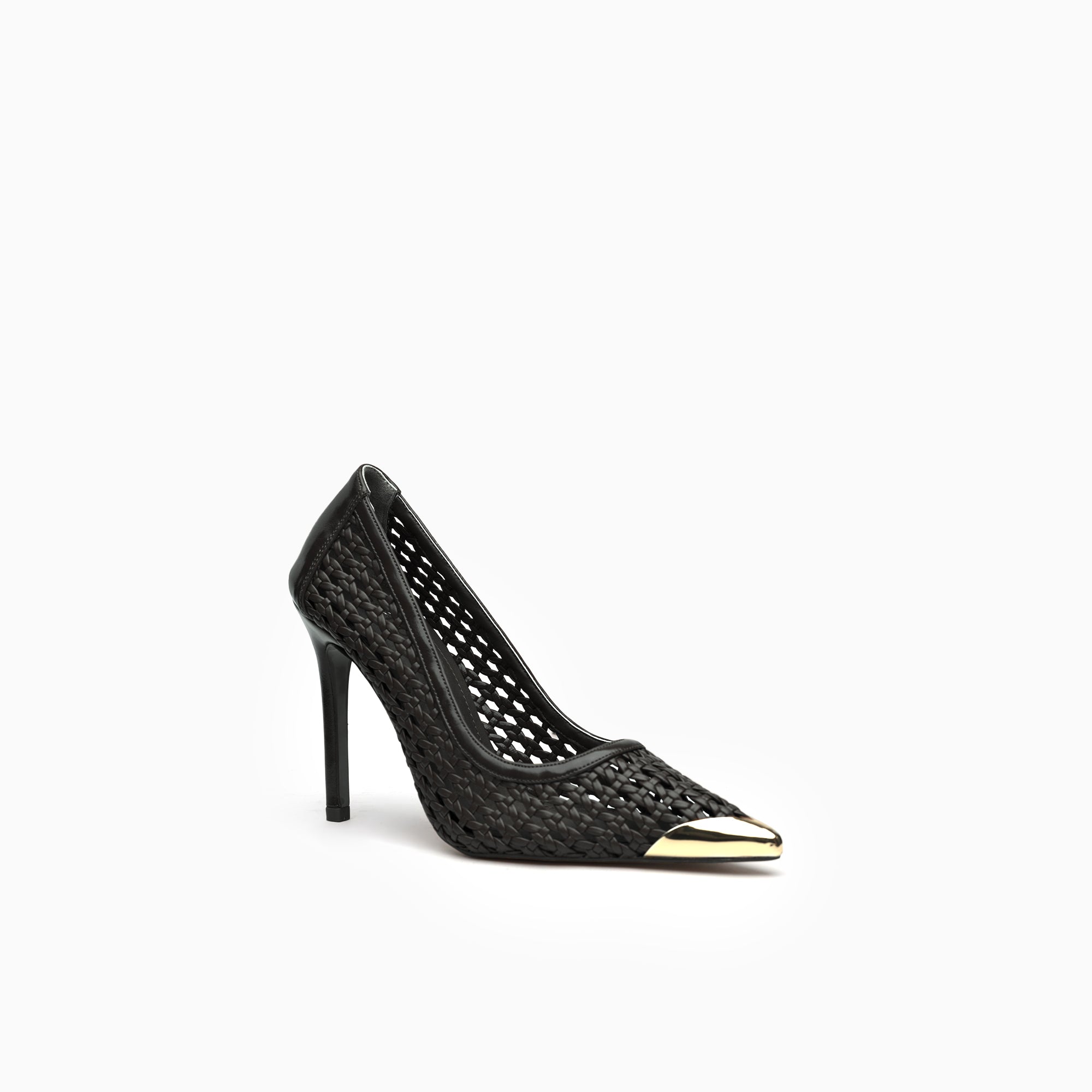 Intreccio Jet Black Woven Leather Stiletto Pump With Gold Toe Cap — three-quarter view | Scarpetto