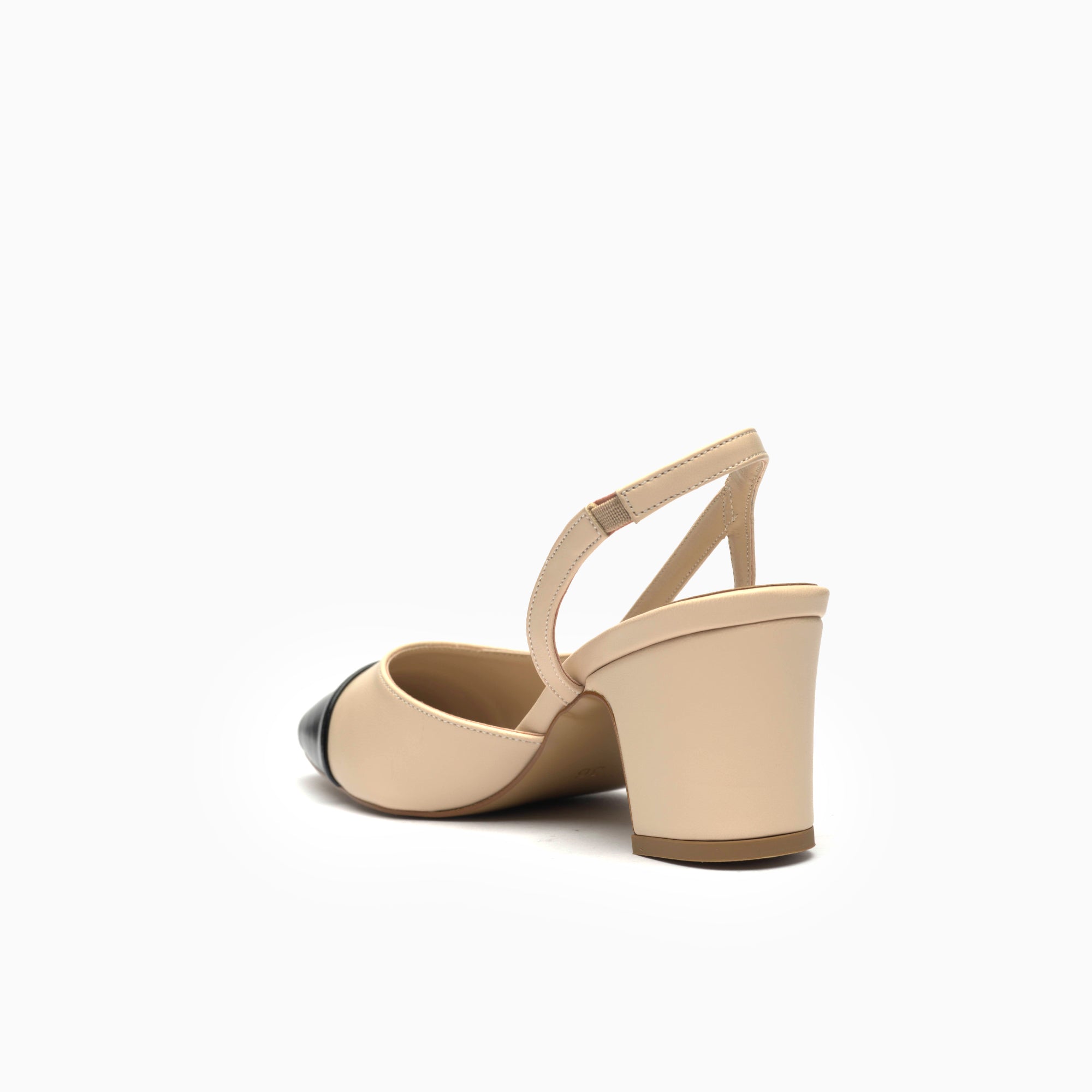 Marcella Cream & Black Block-Heel Cap-Toe Slingback Pump — heel detail | Scarpetto