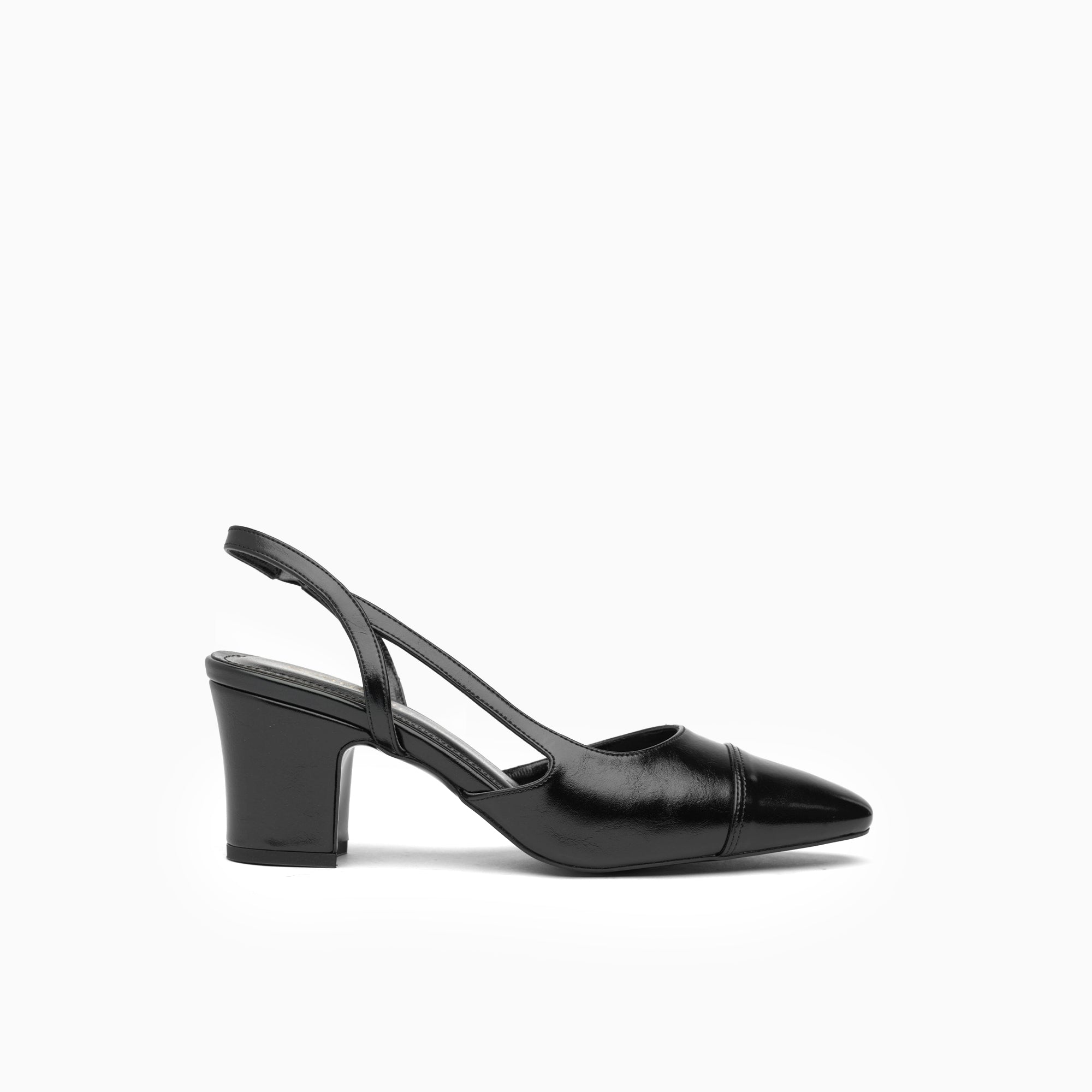 Marcella Jet Black Block-Heel Cap-Toe Slingback Pump — side view | Scarpetto