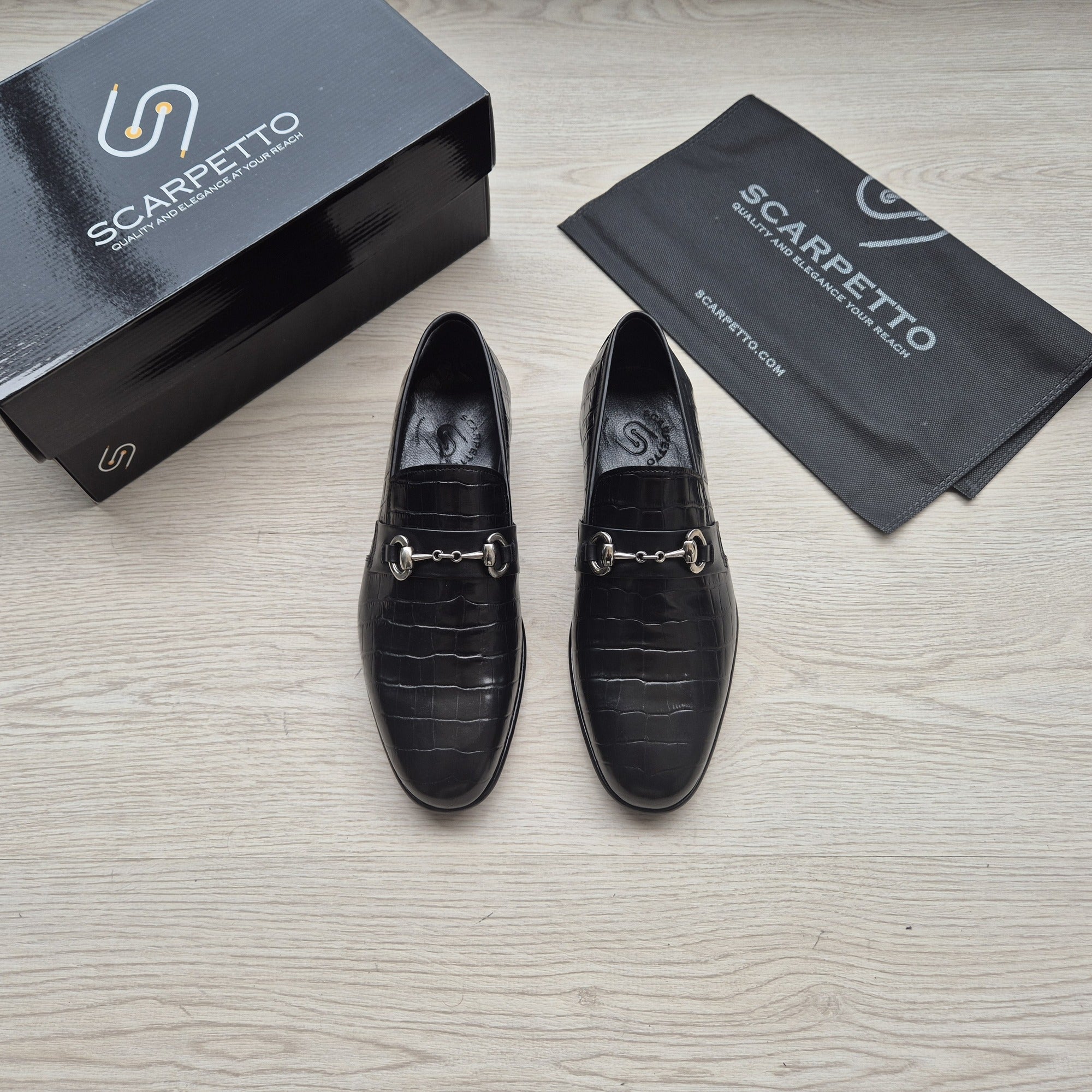 Marchetti Croco Jet Black Patent Horsebit Loafer side view