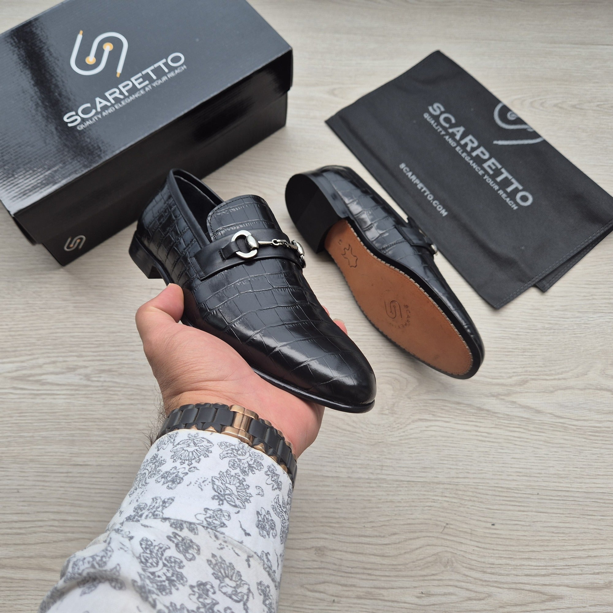 Marchetti Croco Jet Black Patent Horsebit Loafer sole detail