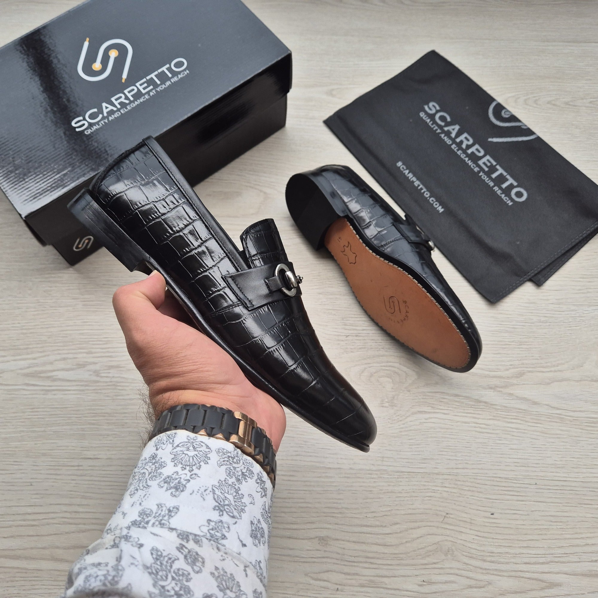 Marchetti Croco Jet Black Patent Horsebit Loafer front view