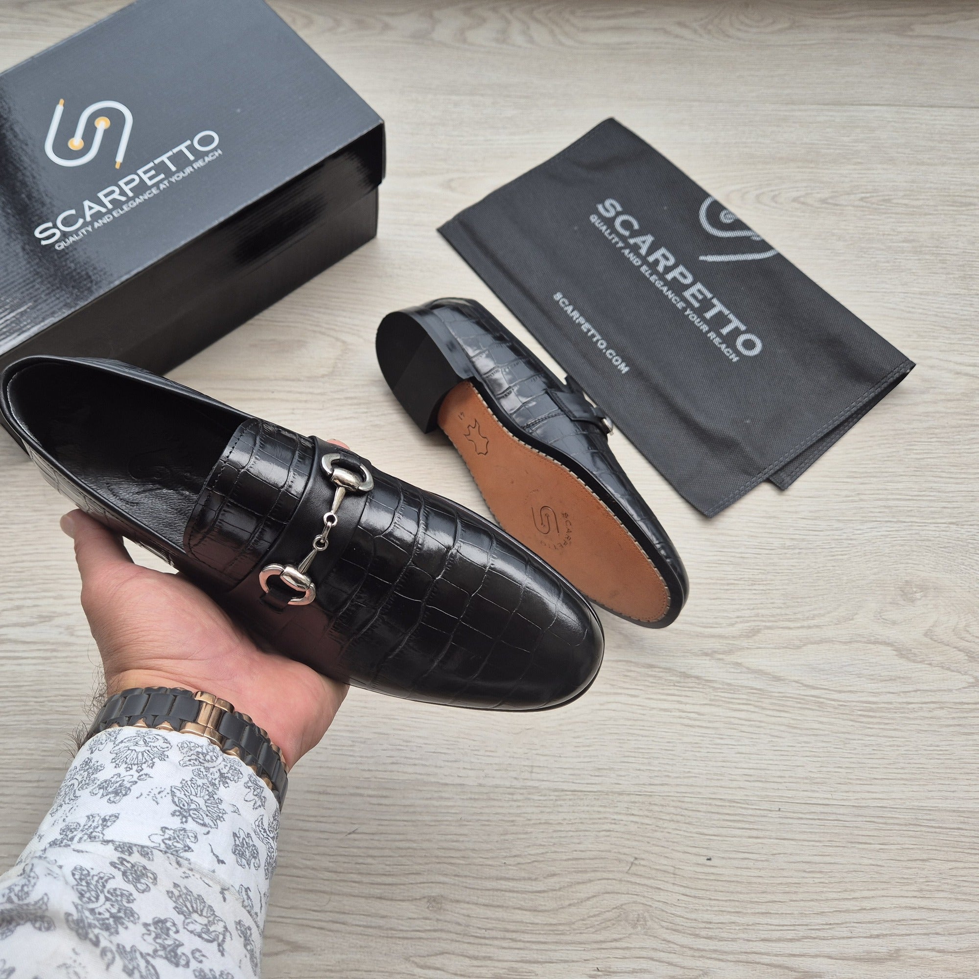 Marchetti Croco Jet Black Patent Horsebit Loafer top view
