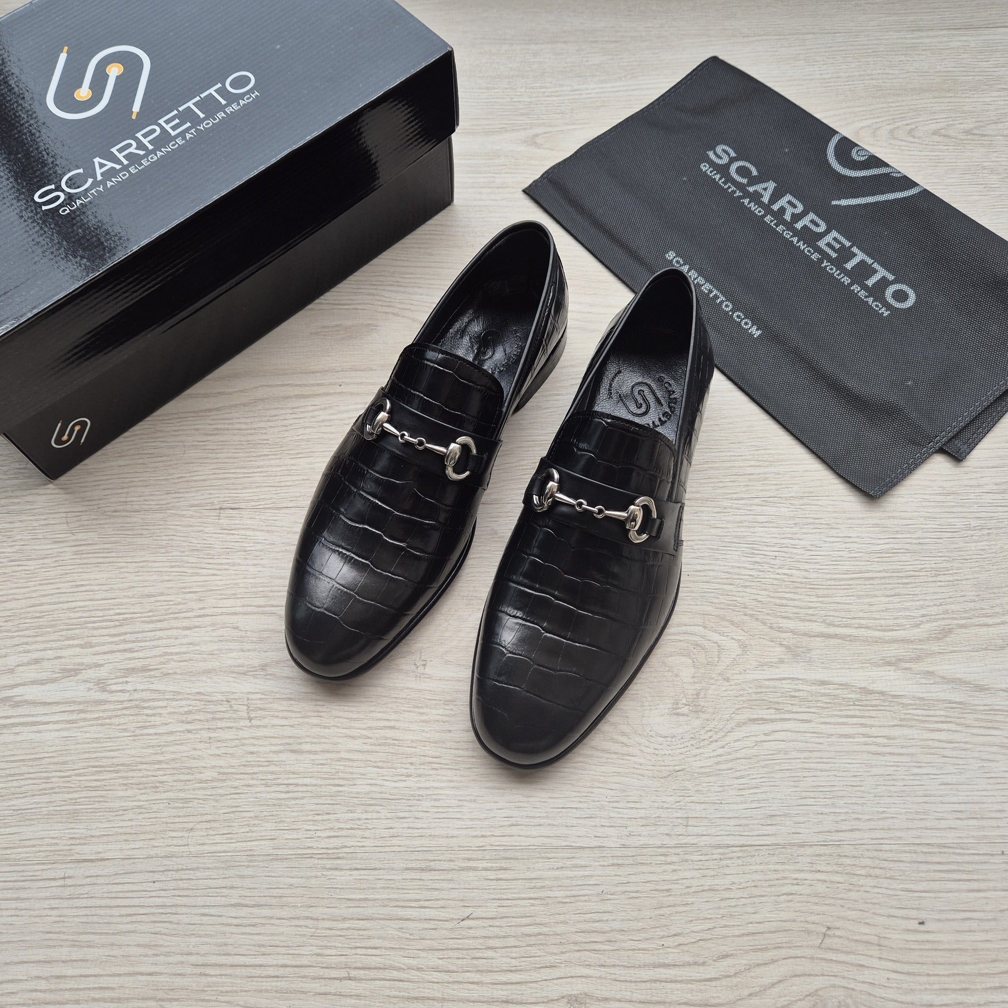Marchetti Croco Jet Black Patent Horsebit Loafer three-quarter view