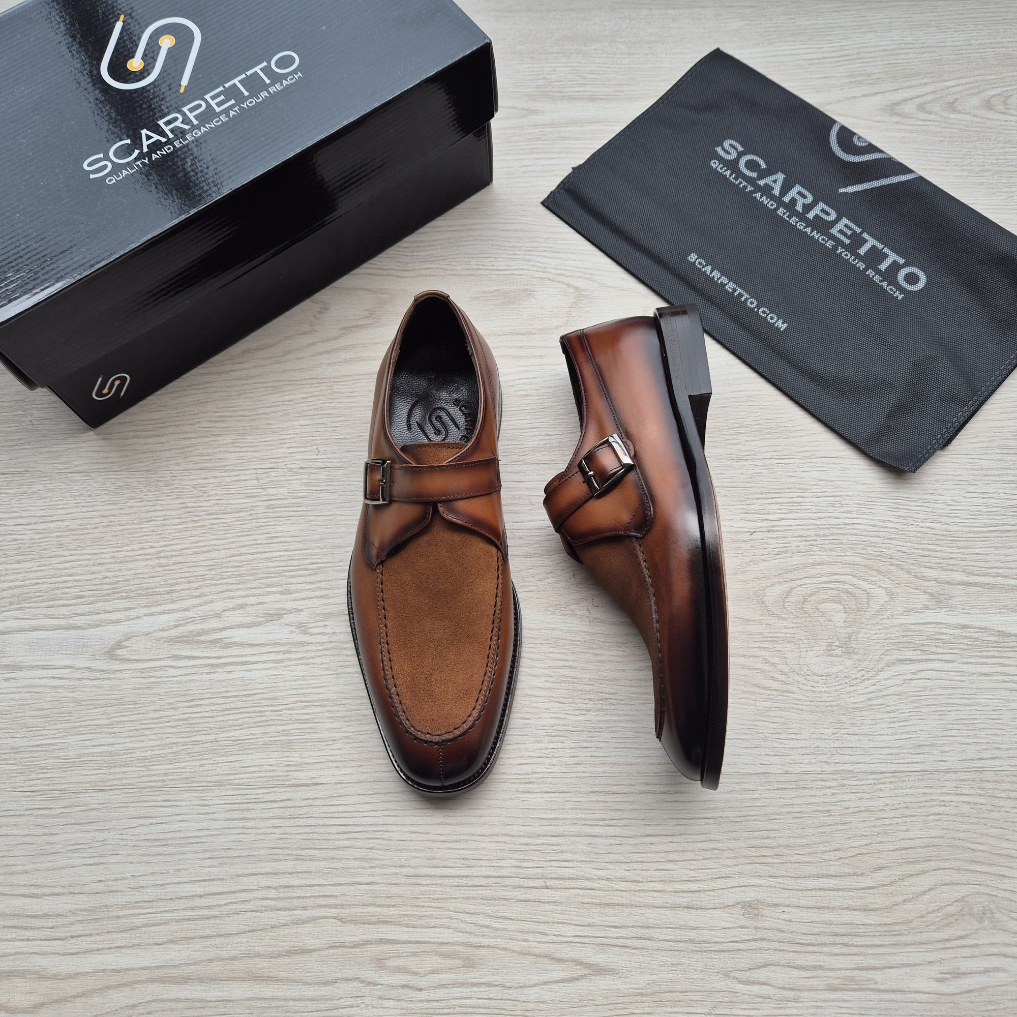 Massimo Cognac Suede-Toe Single Monk Strap — side view | Scarpetto