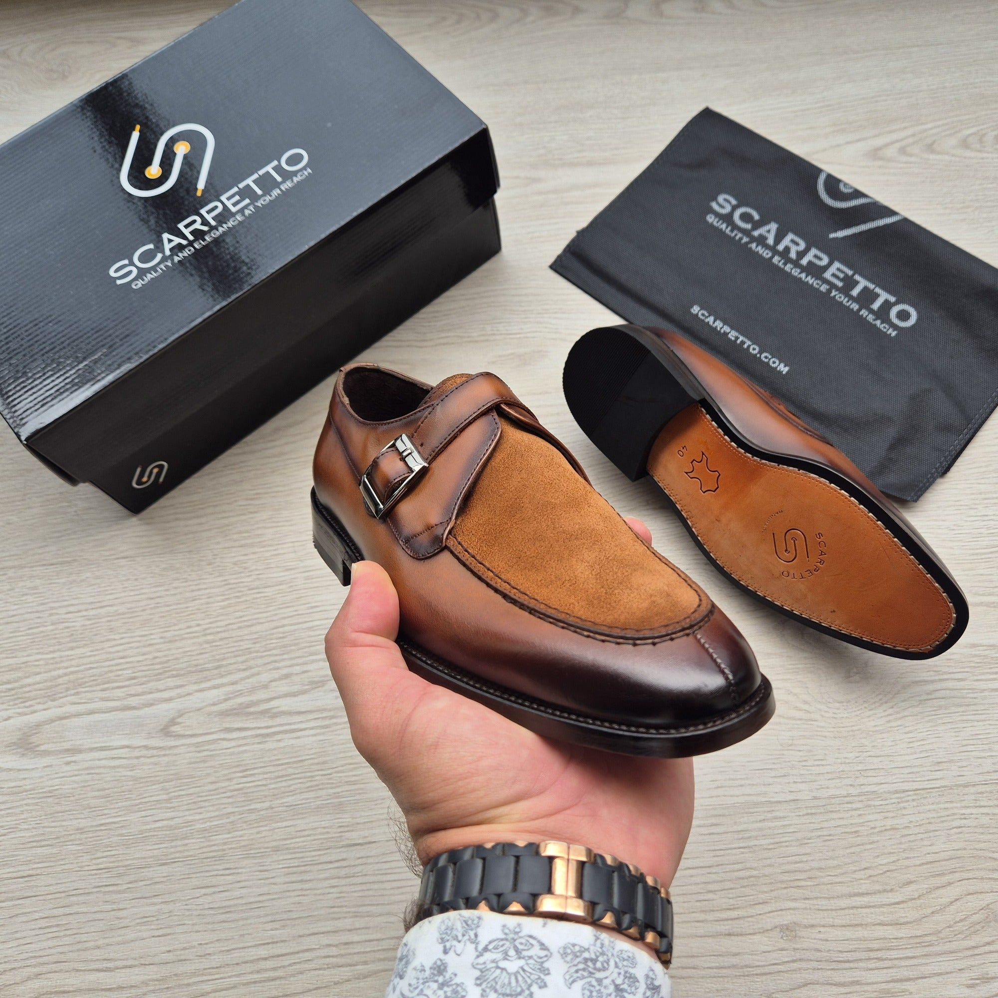 Massimo Cognac Suede-Toe Single Monk Strap — front view | Scarpetto