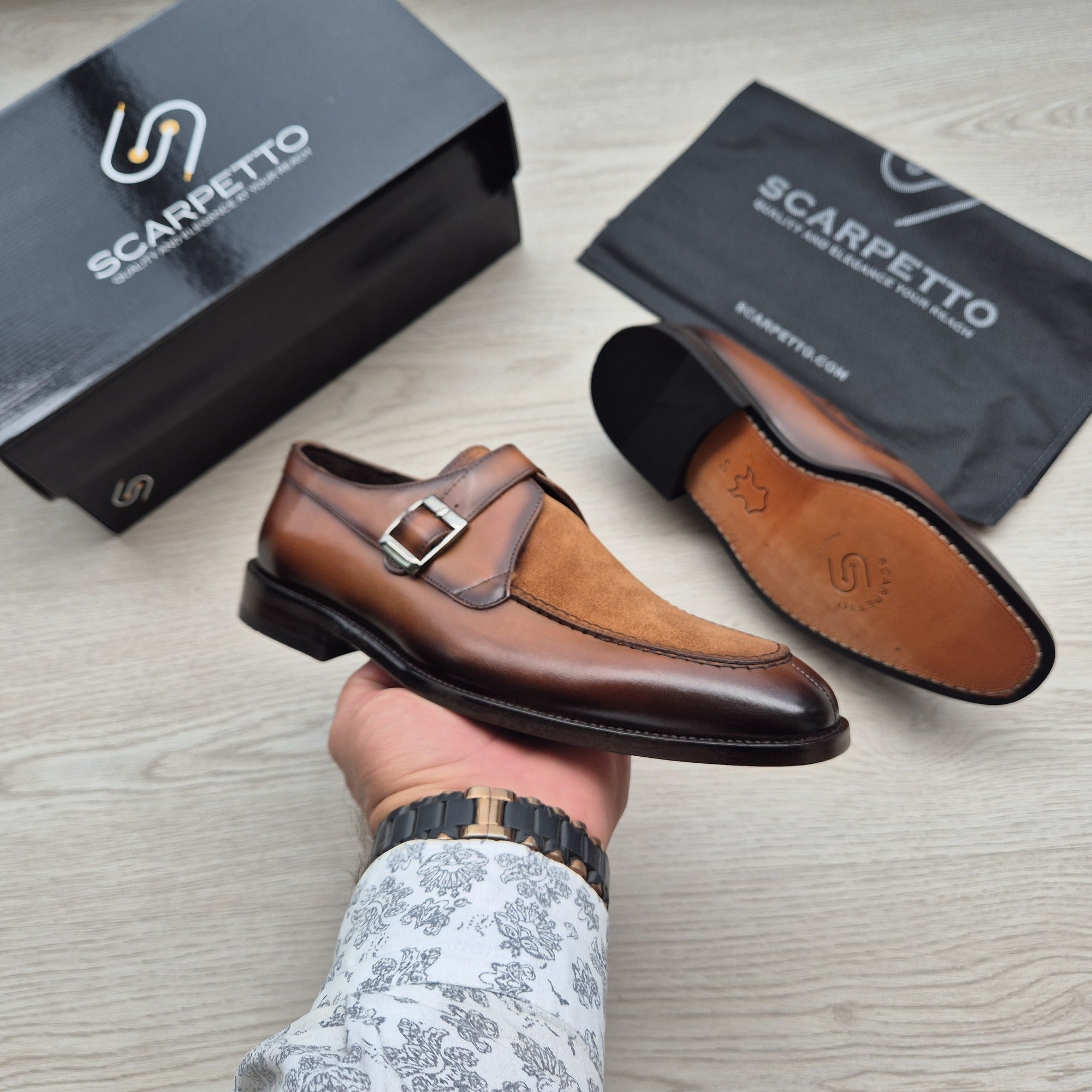 Massimo Cognac Suede-Toe Single Monk Strap — top view | Scarpetto