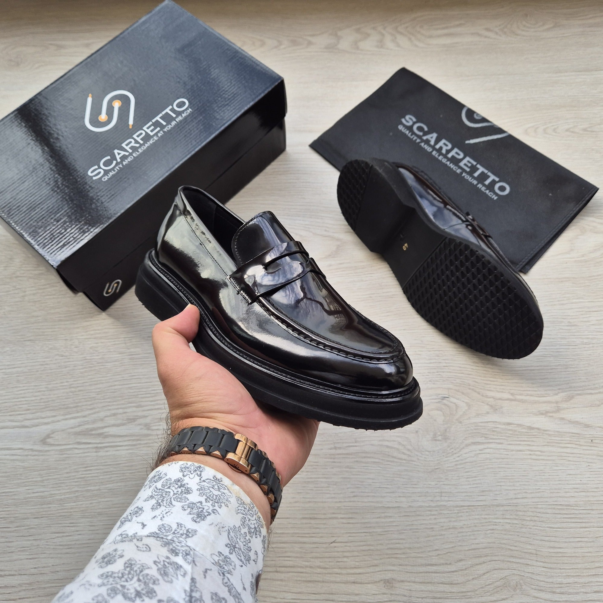 Napoli Jet Black Patent Penny Loafer — side view | Scarpetto