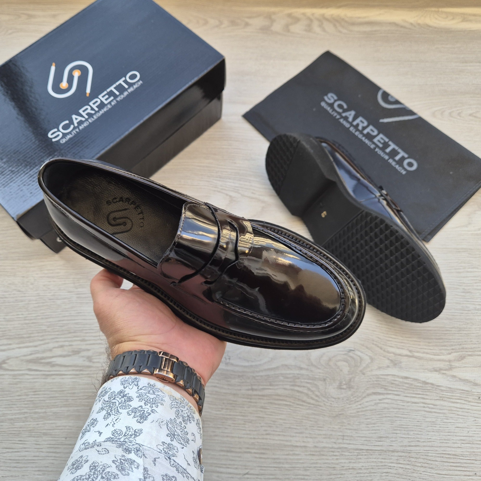 Napoli Jet Black Patent Penny Loafer — sole detail | Scarpetto