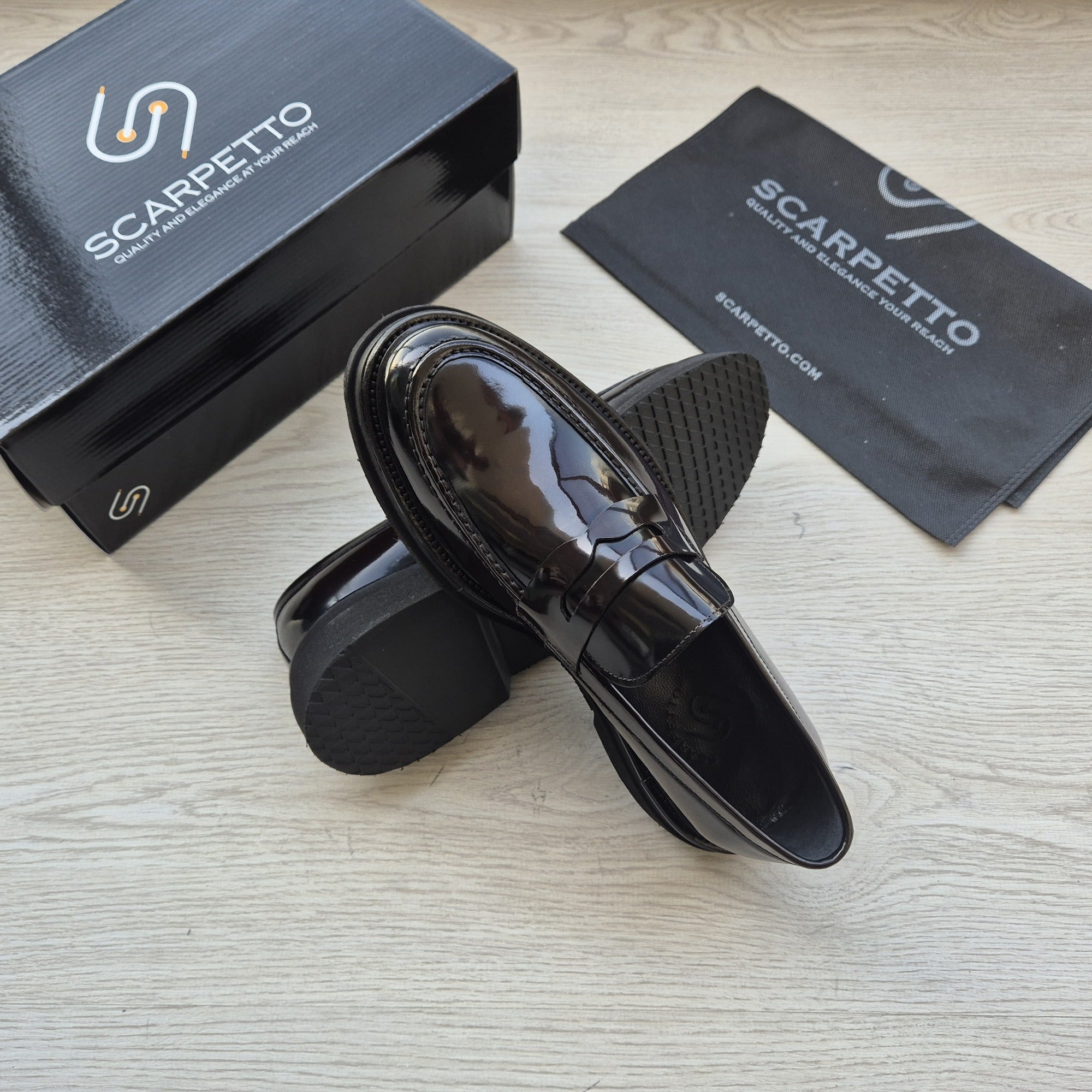 Napoli Jet Black Patent Penny Loafer — top view | Scarpetto