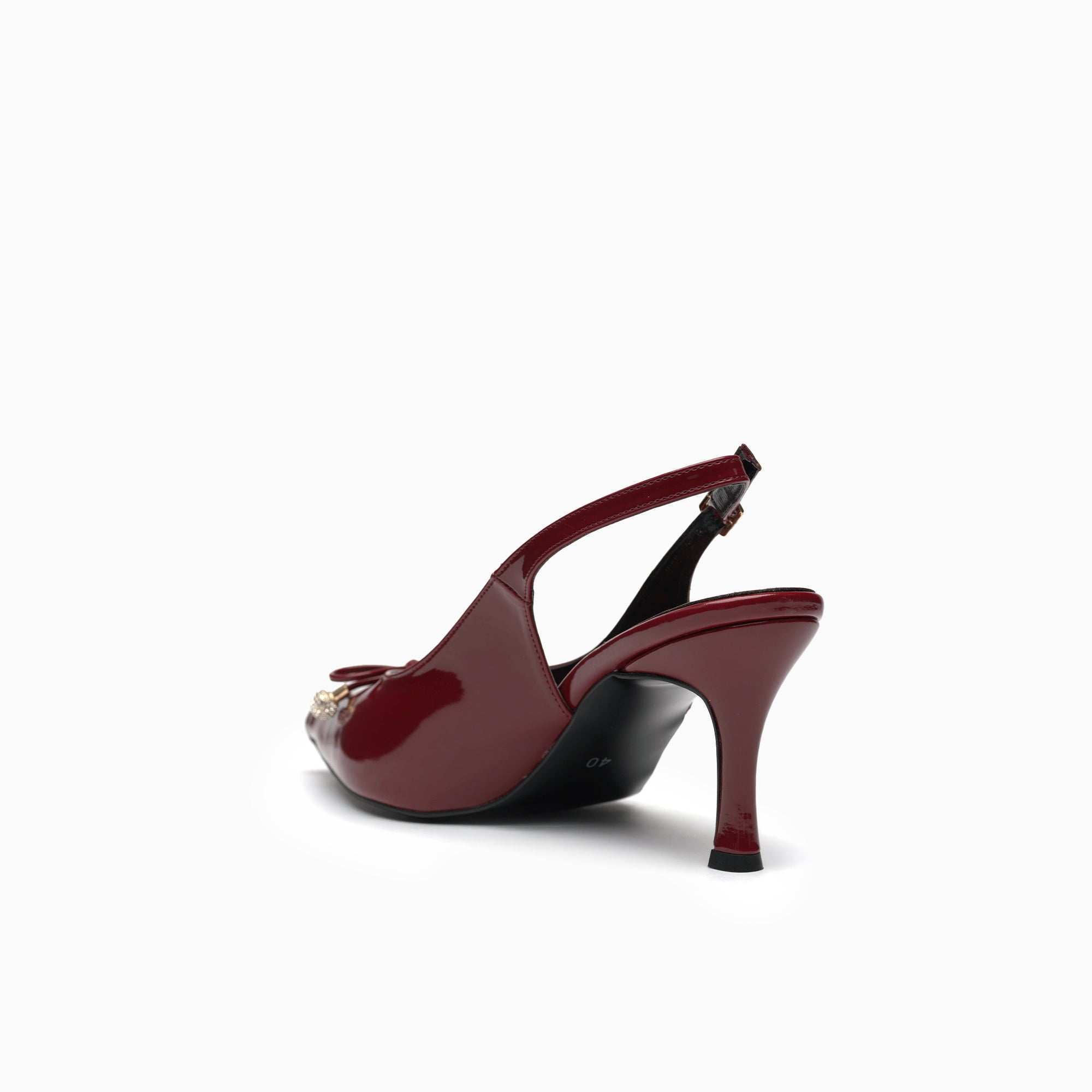 Perla Burgundy Wine Patent Slingback Pump With Bow And Pearl — heel detail | Scarpetto