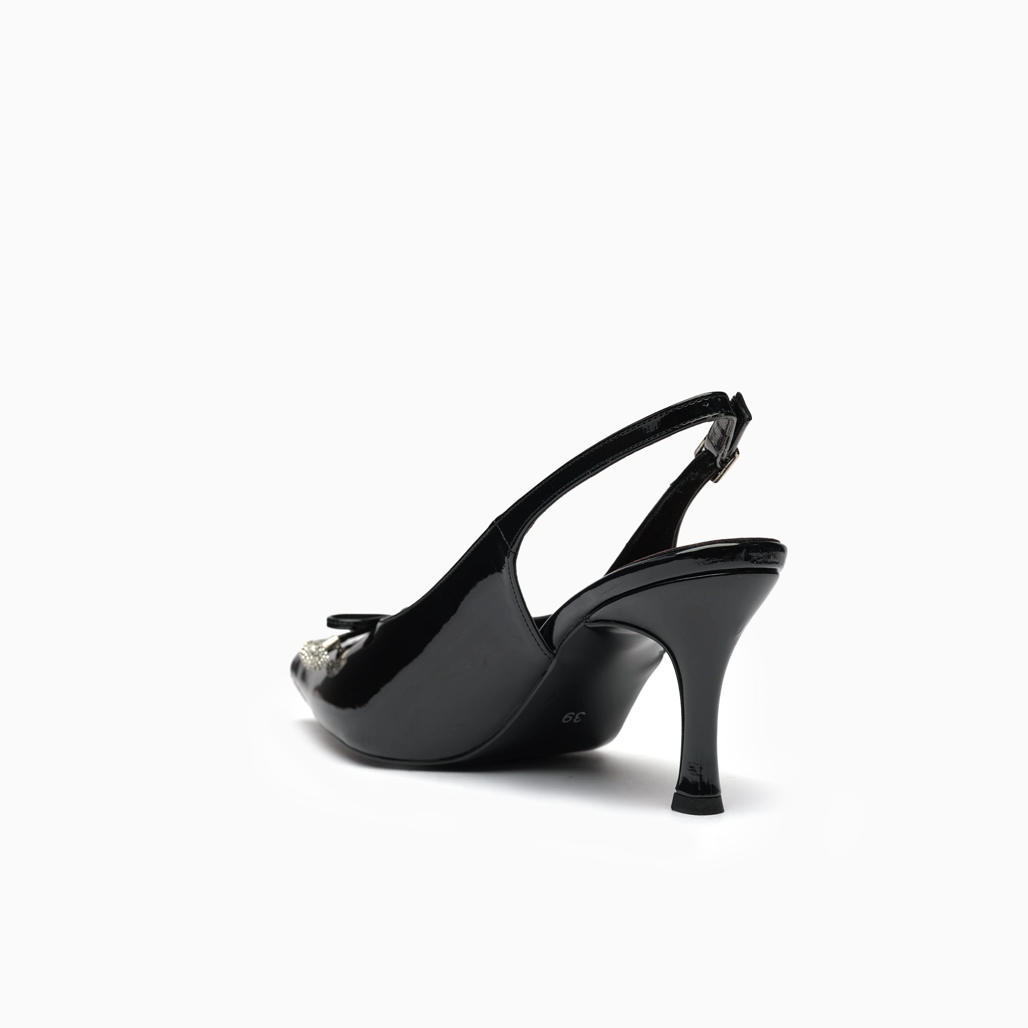 Perla Jet Black Patent Slingback Pump With Bow And Pearl — heel detail | Scarpetto