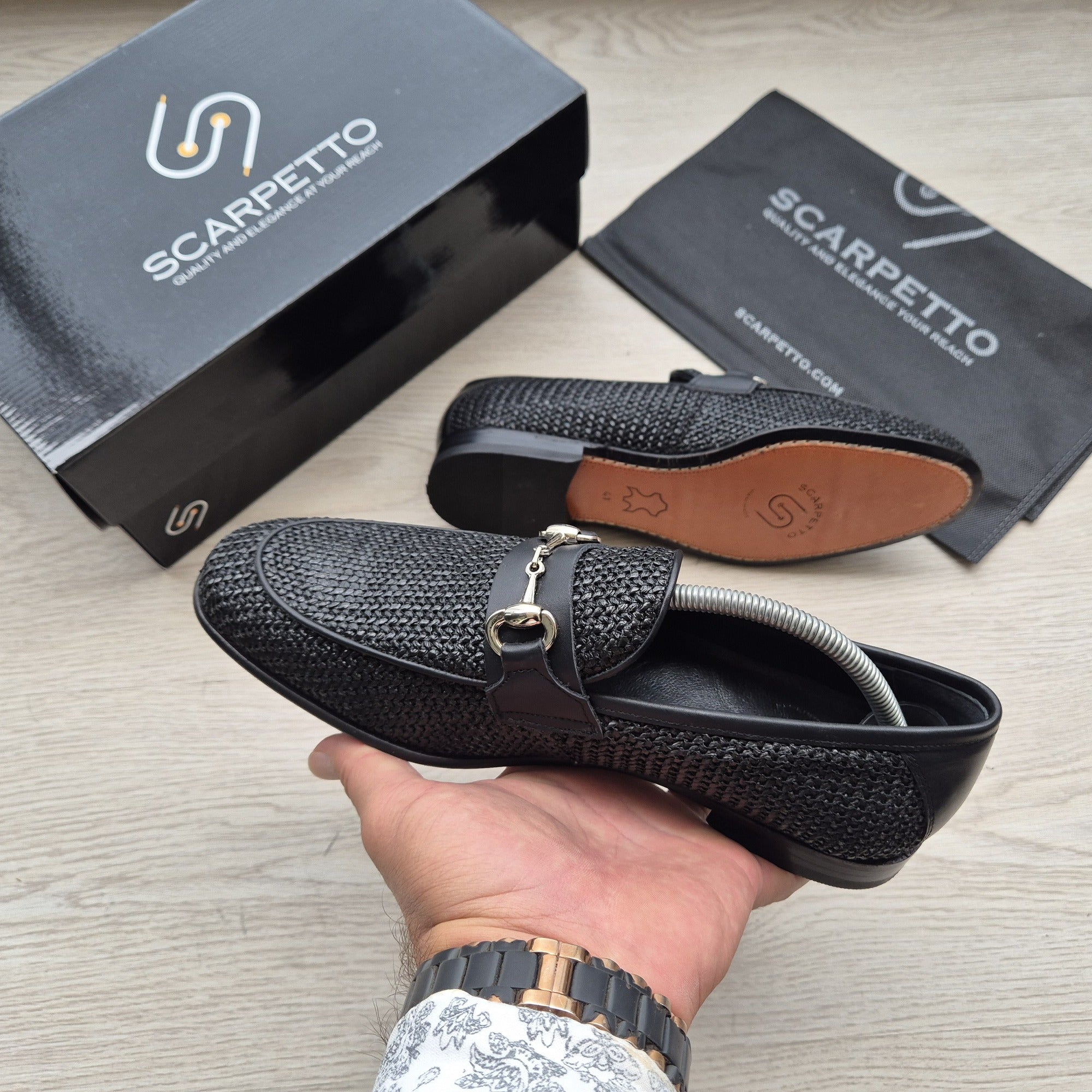 Positano Jet Black Woven Horsebit Loafer — sole detail | Scarpetto