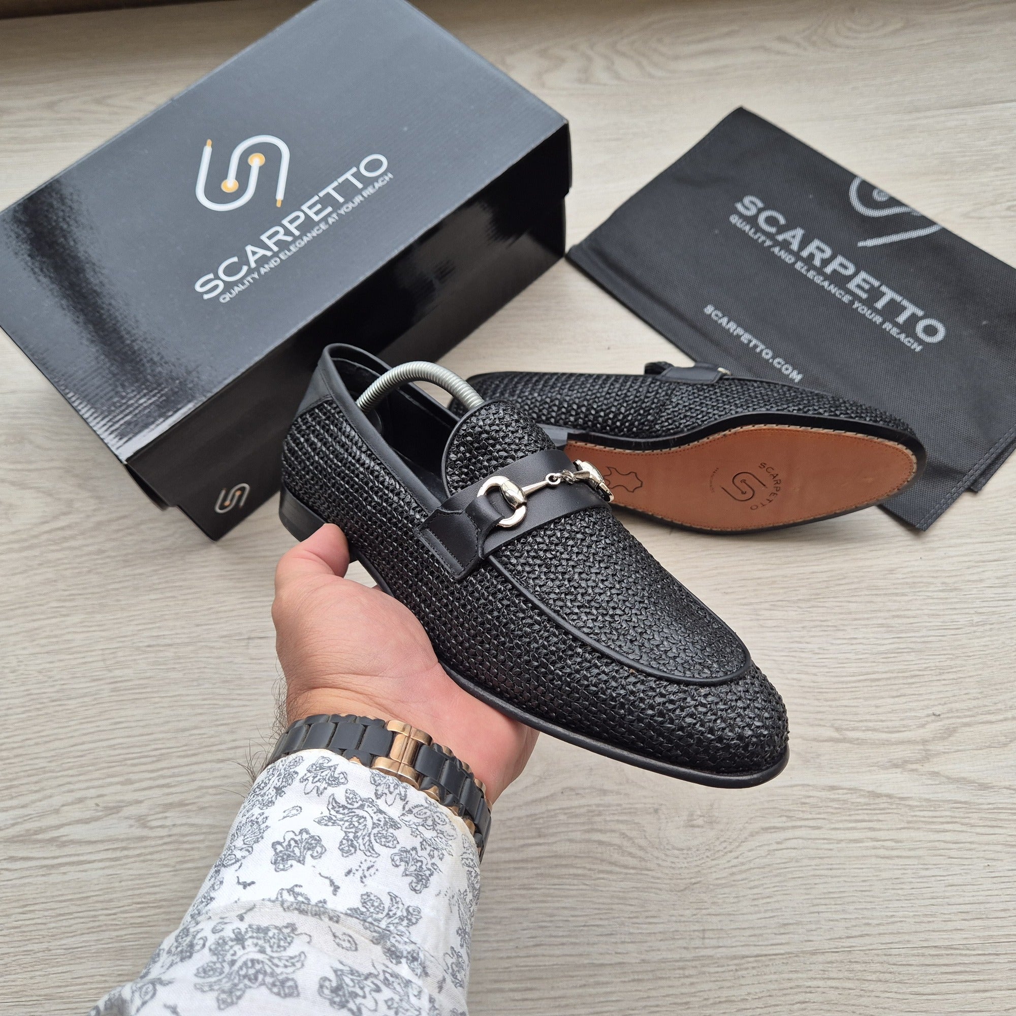 Positano Jet Black Woven Horsebit Loafer — front view | Scarpetto