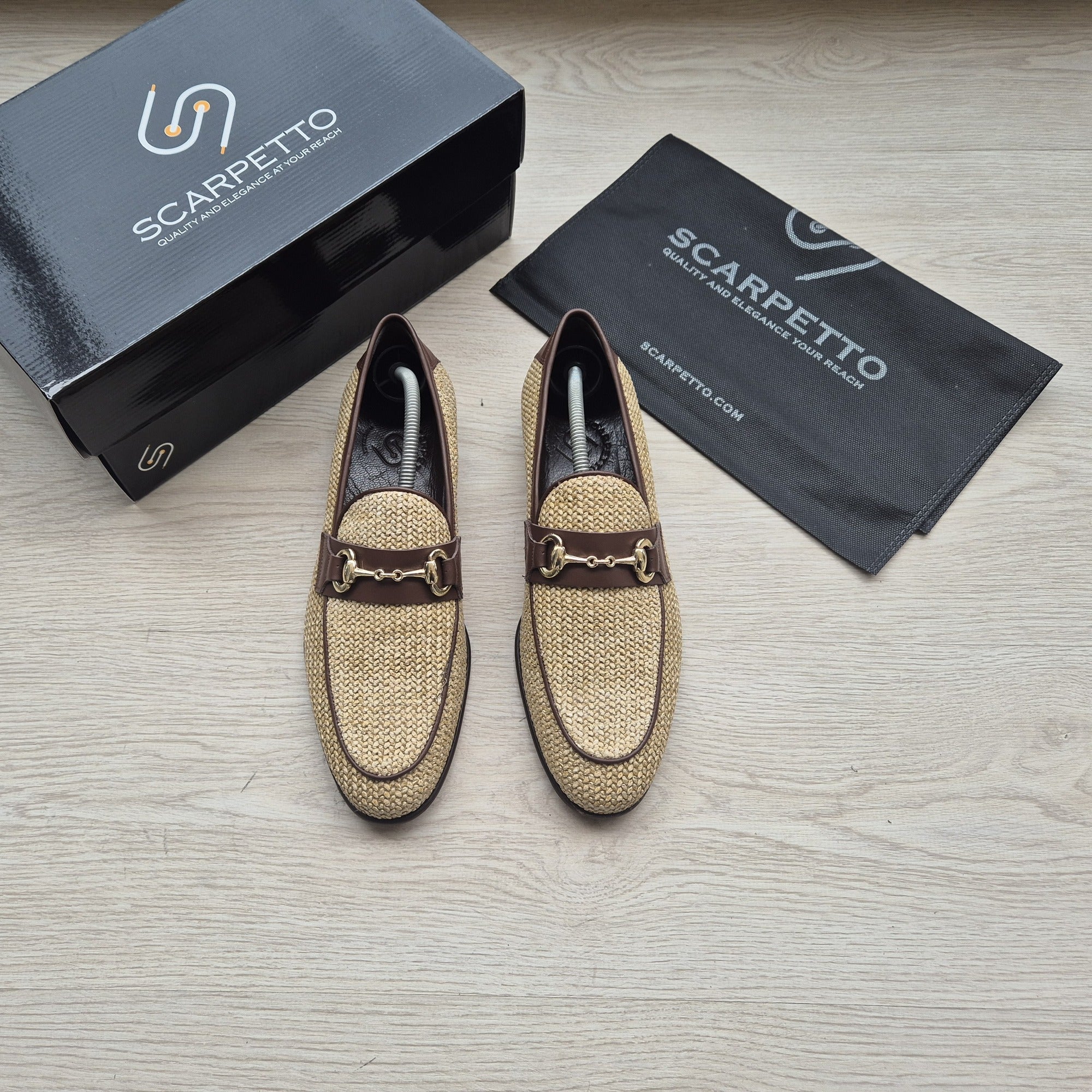 Positano Sand Beige Woven Horsebit Loafer — front view | Scarpetto