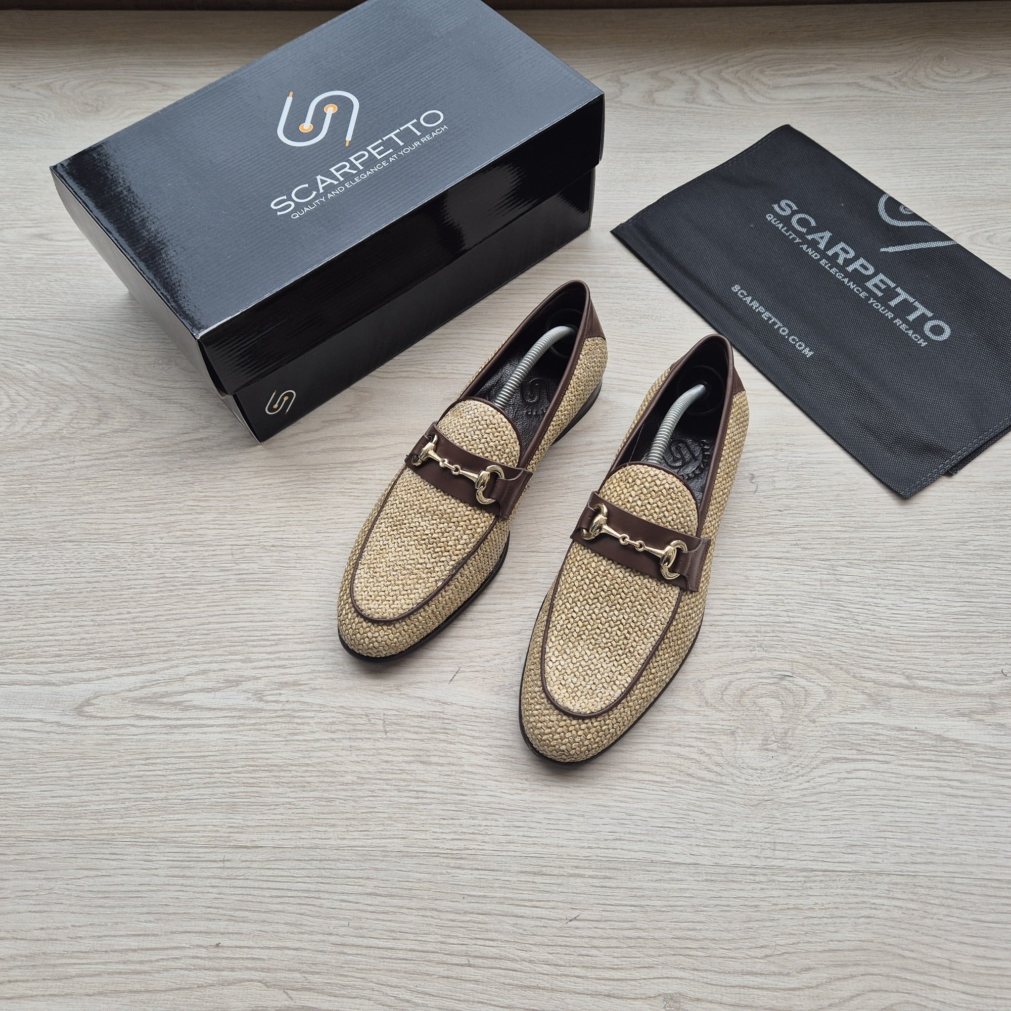 Positano Sand Beige Woven Horsebit Loafer — three-quarter view | Scarpetto