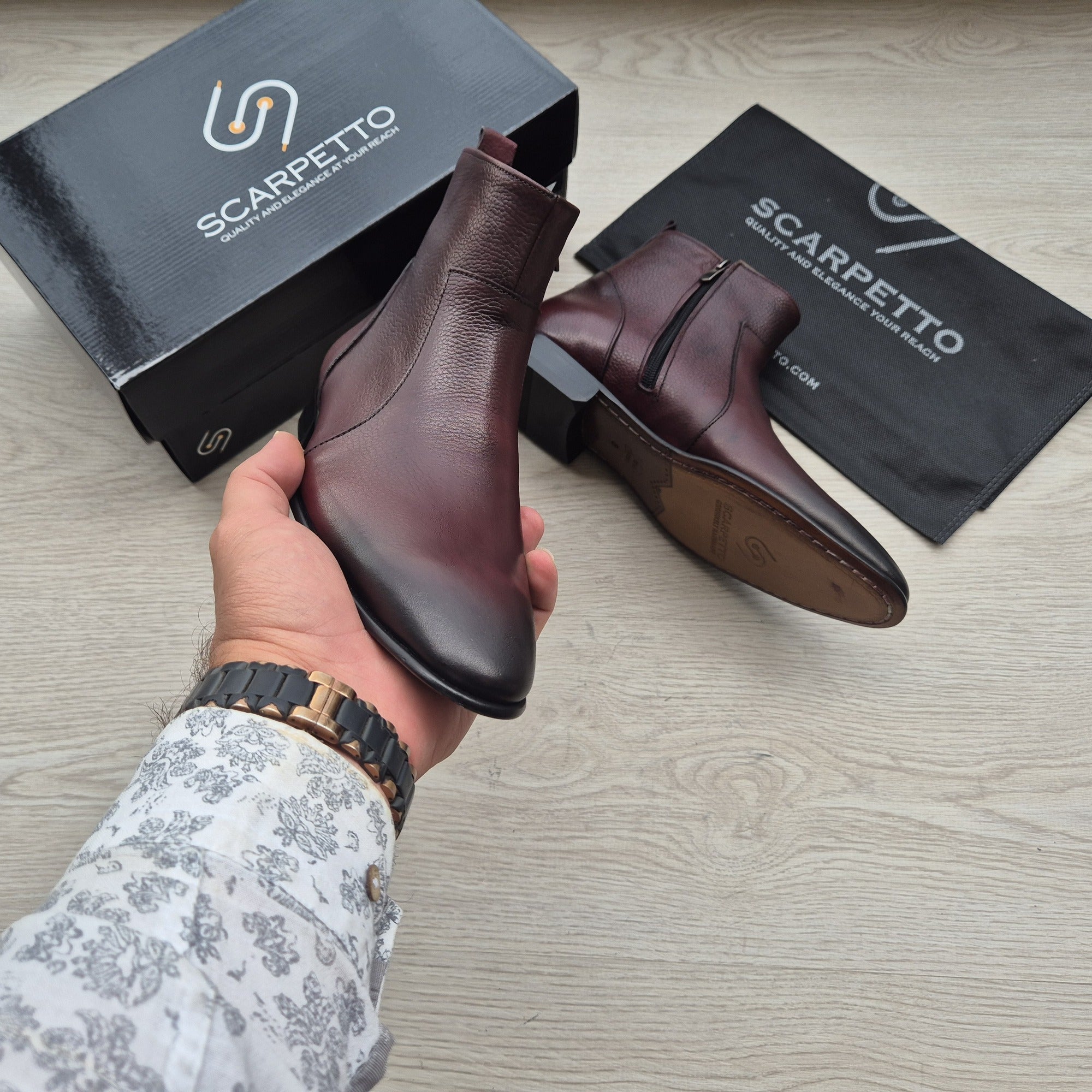 Raphael Floater Burgundy Chelsea Boots — three-quarter view | Scarpetto