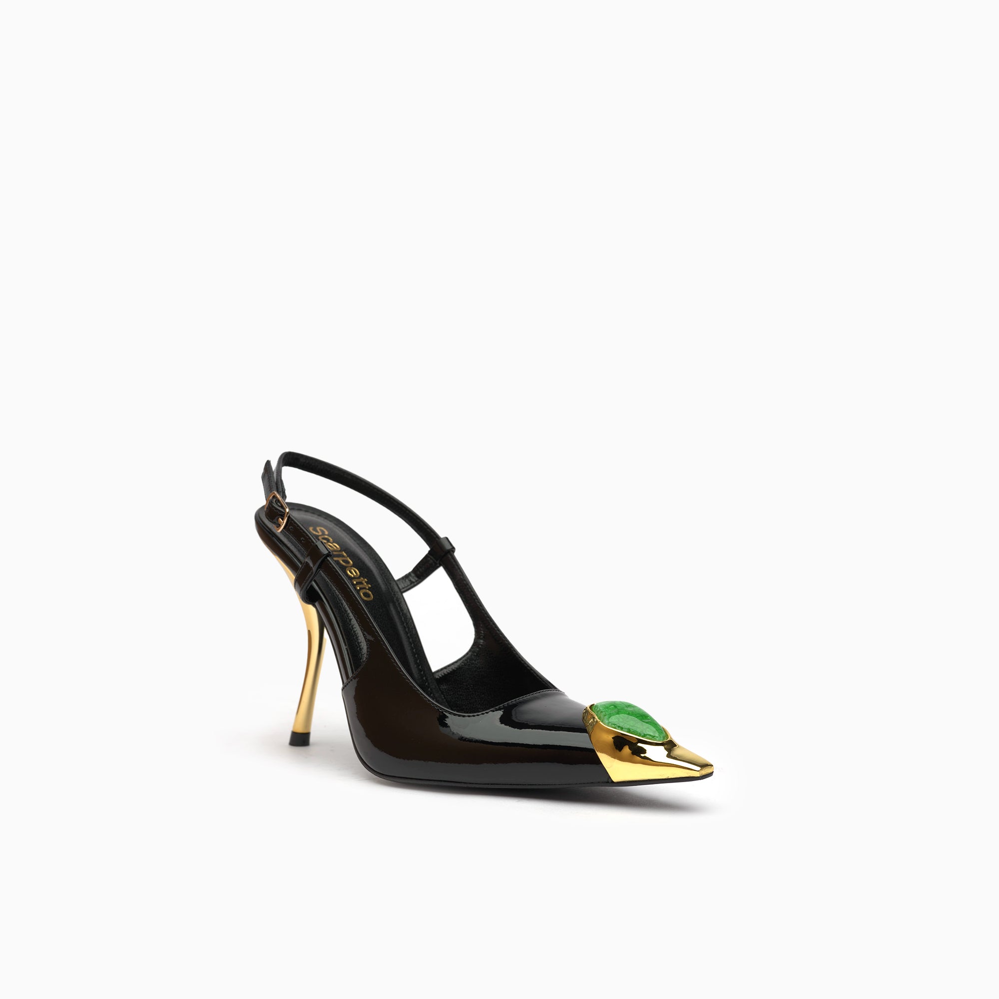 Regina Jet Black Emerald Patent Slingback Pump With Cabochon Gold Toe Cap — three-quarter view | Scarpetto