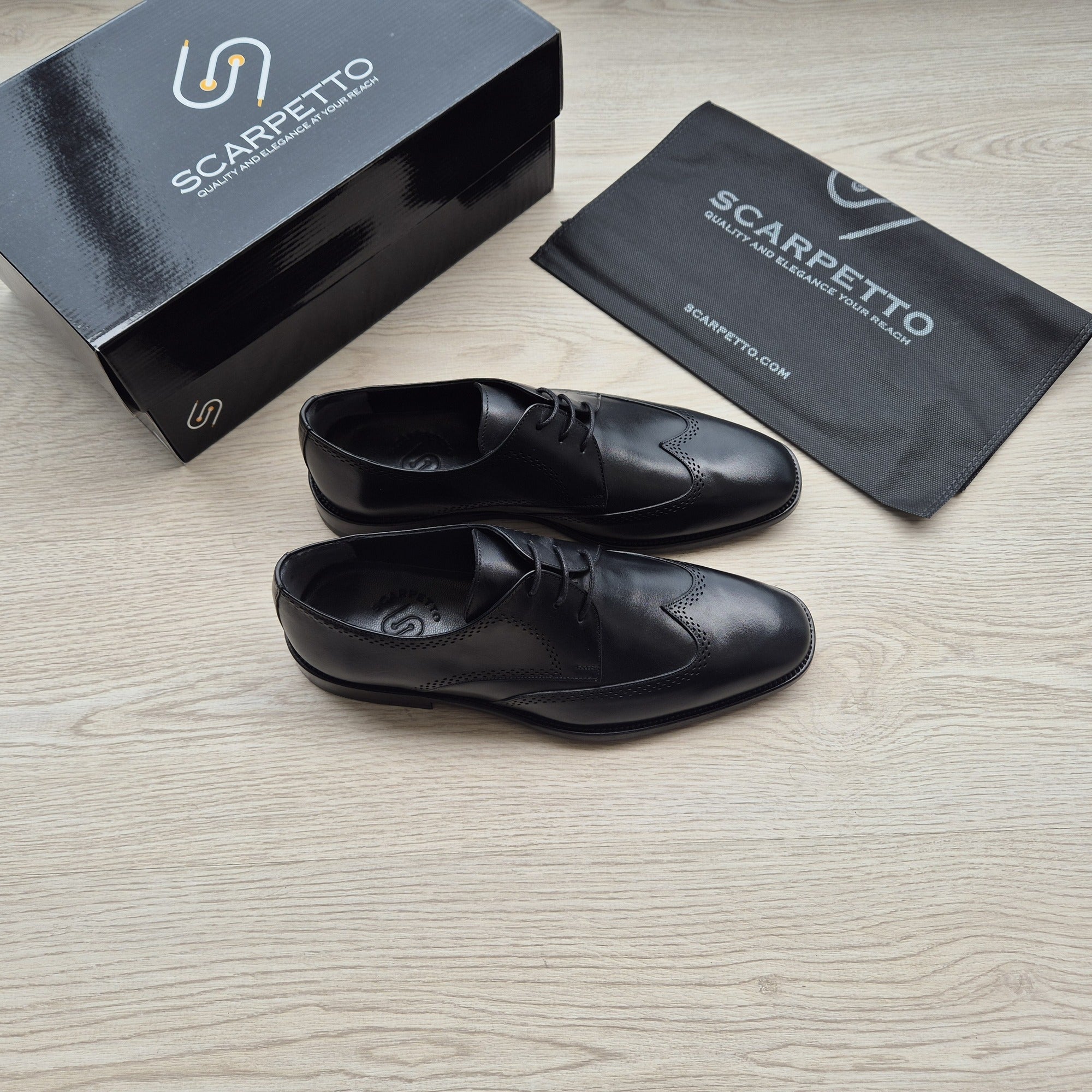 Rinaldo Jet Black Wingtip Brogue Derby — top view | Scarpetto