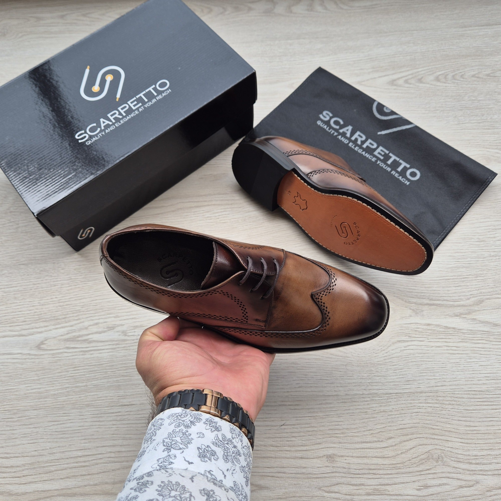 Rinaldo Whiskey Brown Wingtip Brogue Derby — top view | Scarpetto