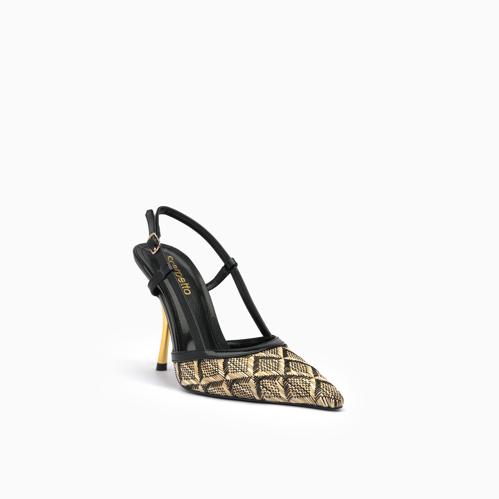 Riviera Natural Raffia Woven Raffia Slingback Pump With Sculptural Gold Heel — three-quarter view | Scarpetto