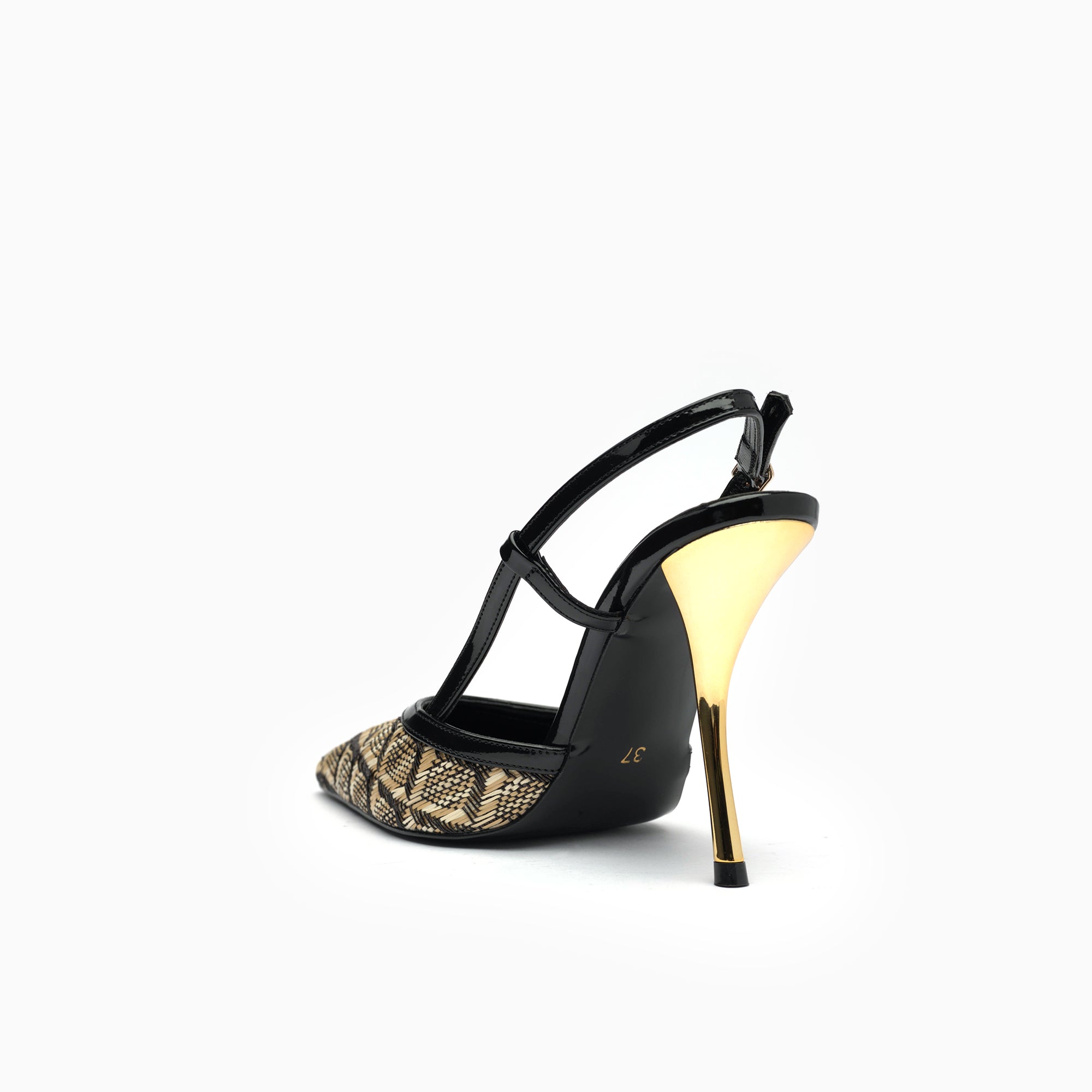 Riviera Natural Raffia Woven Raffia Slingback Pump With Sculptural Gold Heel — heel detail | Scarpetto