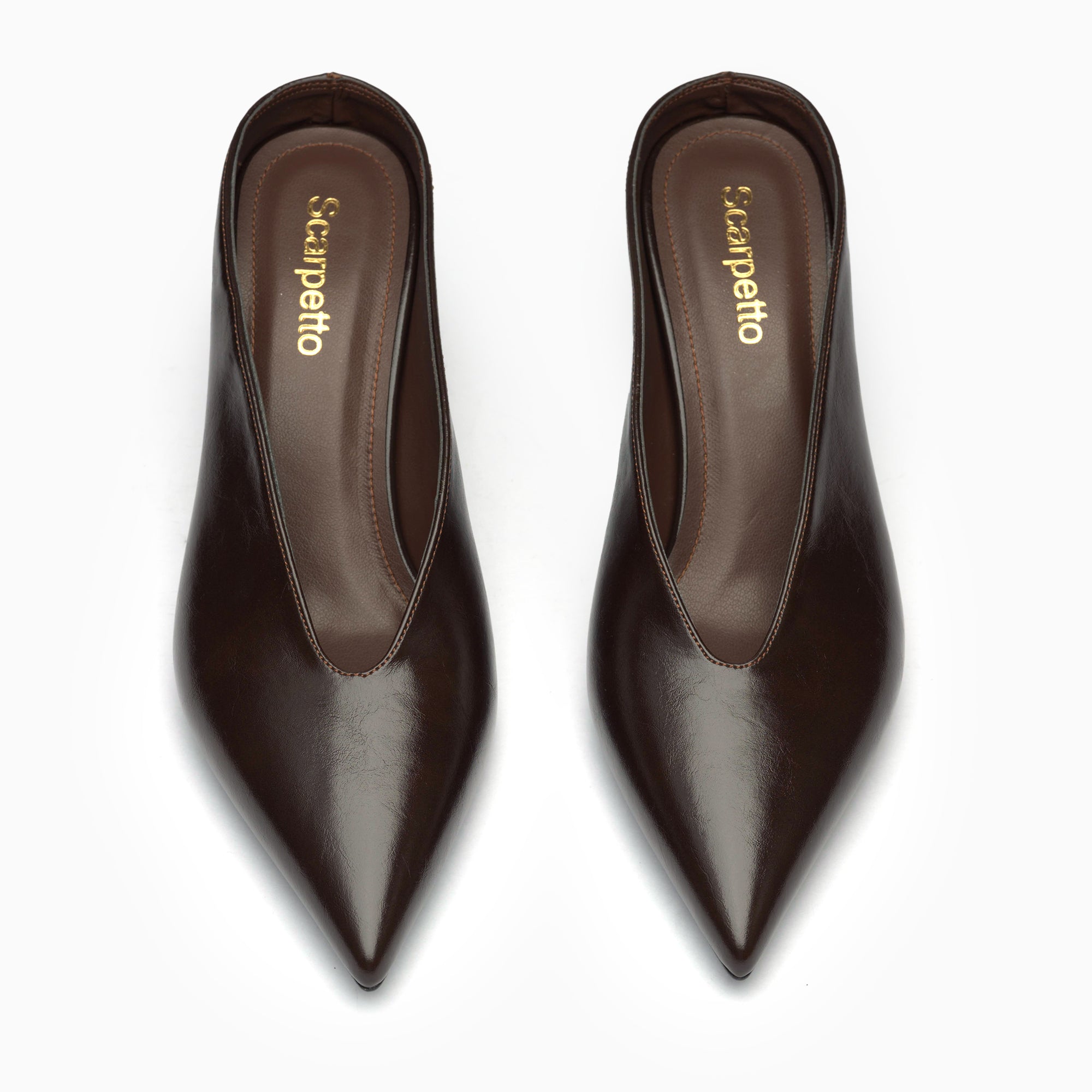 Serena Cognac Tan Pointed Backless Mule — heel detail | Scarpetto