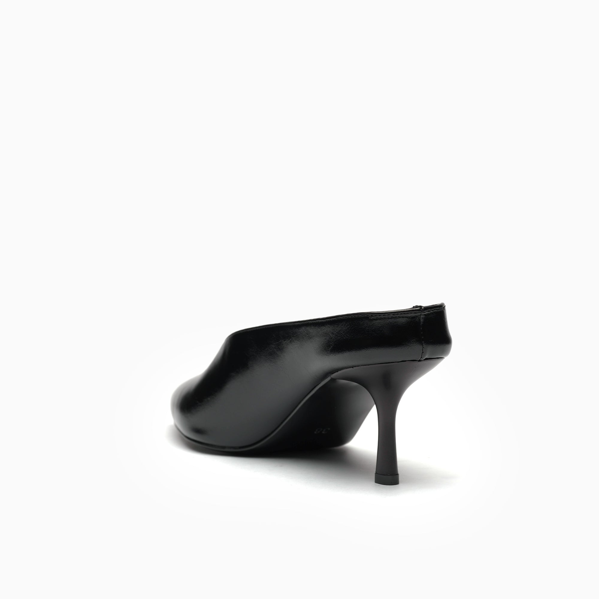 Serena Jet Black Pointed Backless Mule — heel detail | Scarpetto