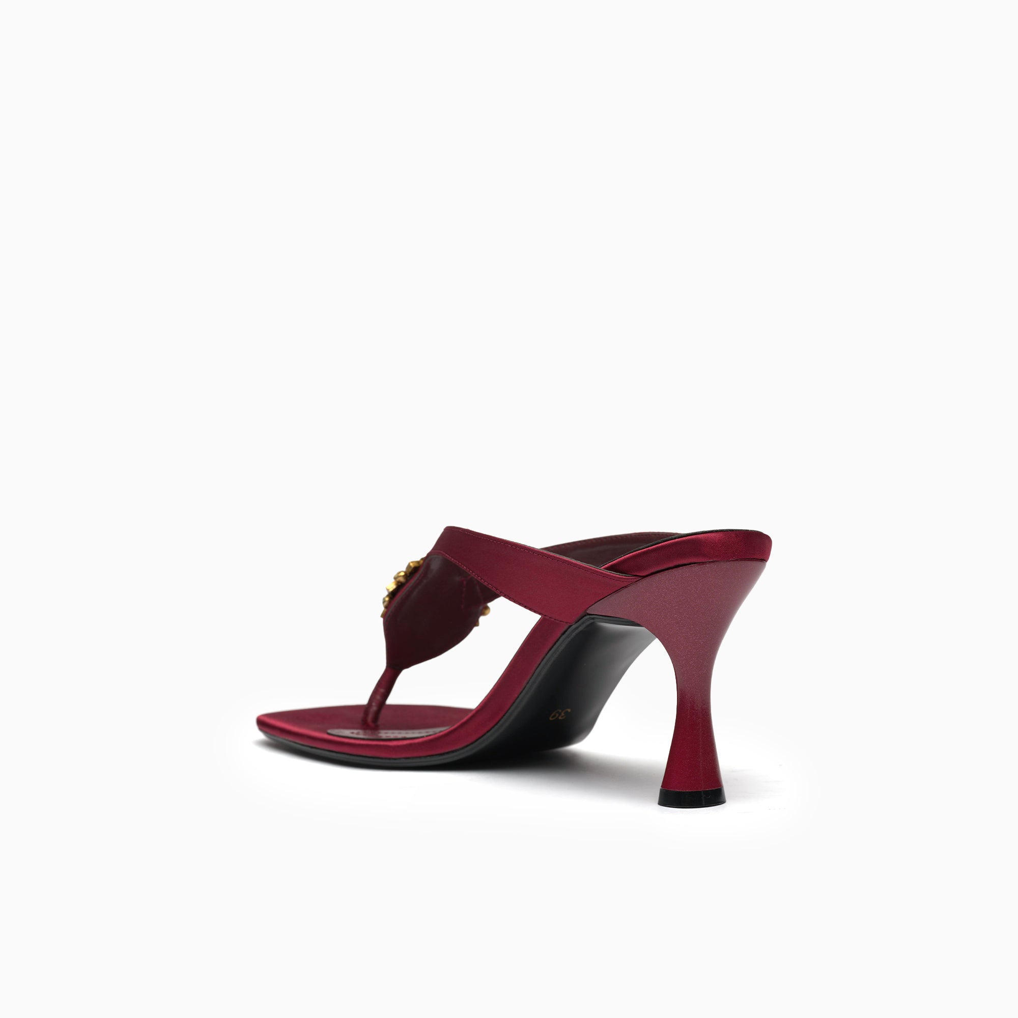 Sirena Burgundy Wine Crystal Thong Heeled Sandal — heel detail | Scarpetto