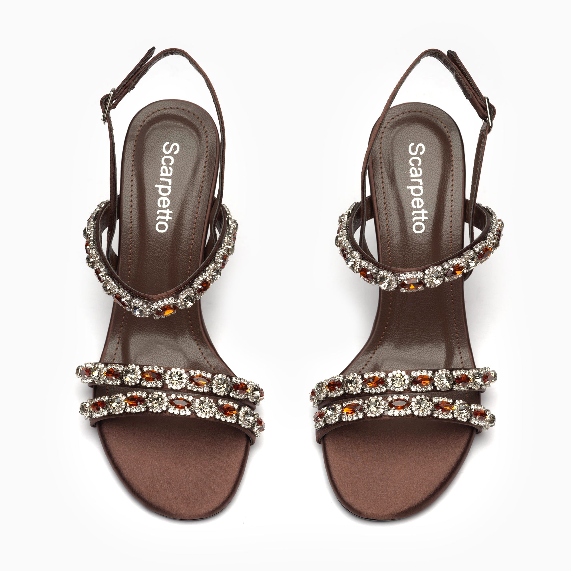 Stella Cognac Topaz Crystal-Strap Heeled Sandal — top view | Scarpetto