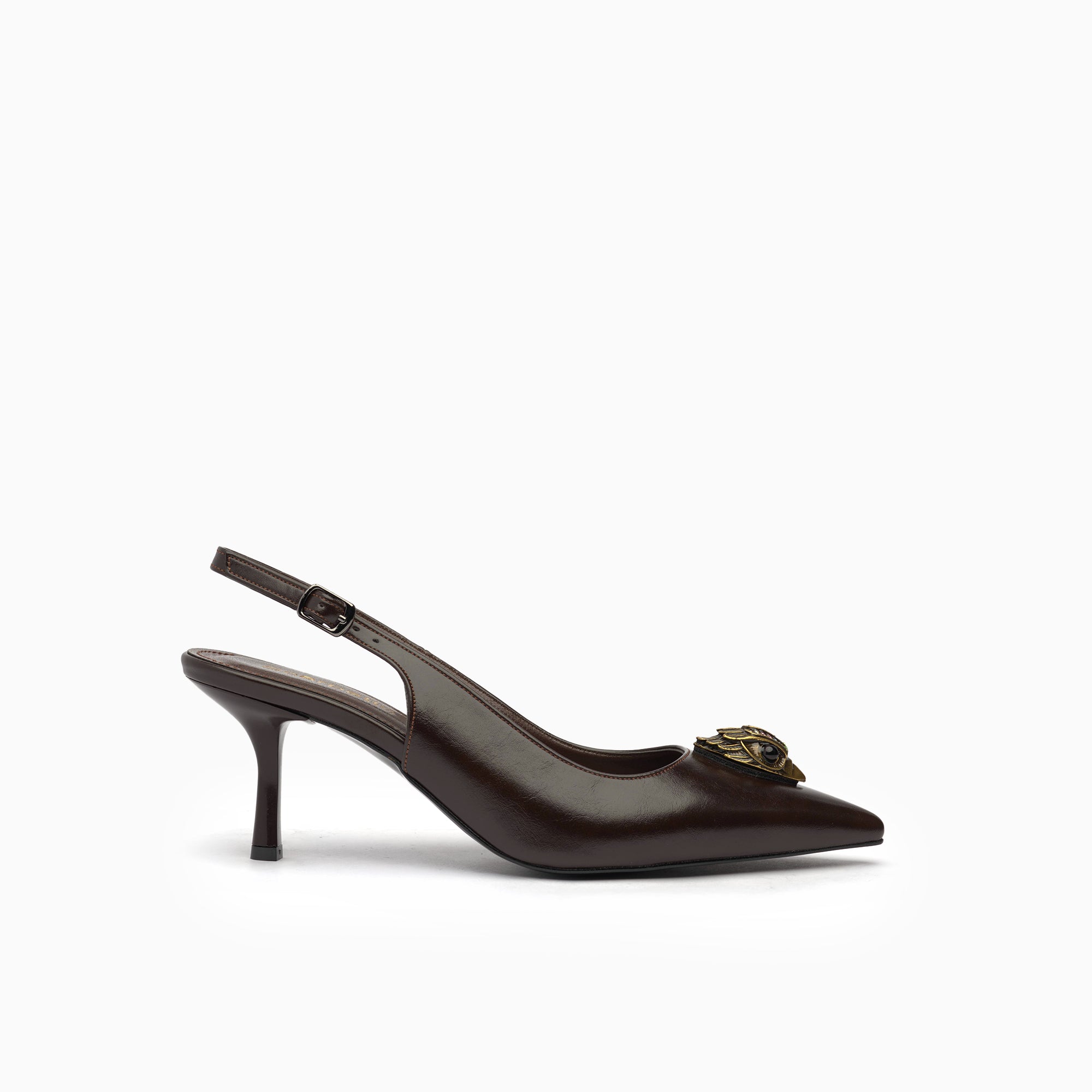 Talismano Espresso Brown Winged-Eye Emblem Slingback Pump — side view | Scarpetto