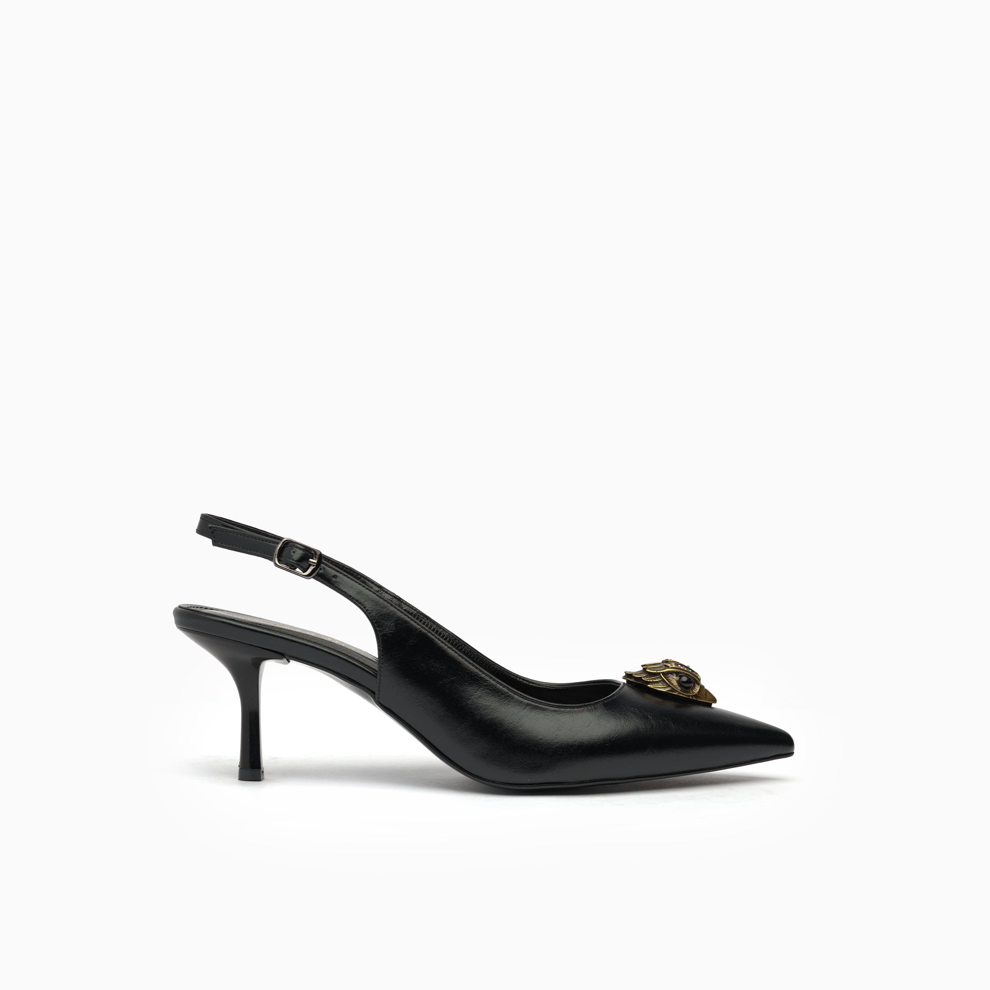 Talismano Jet Black Winged-Eye Emblem Slingback Pump — side view | Scarpetto